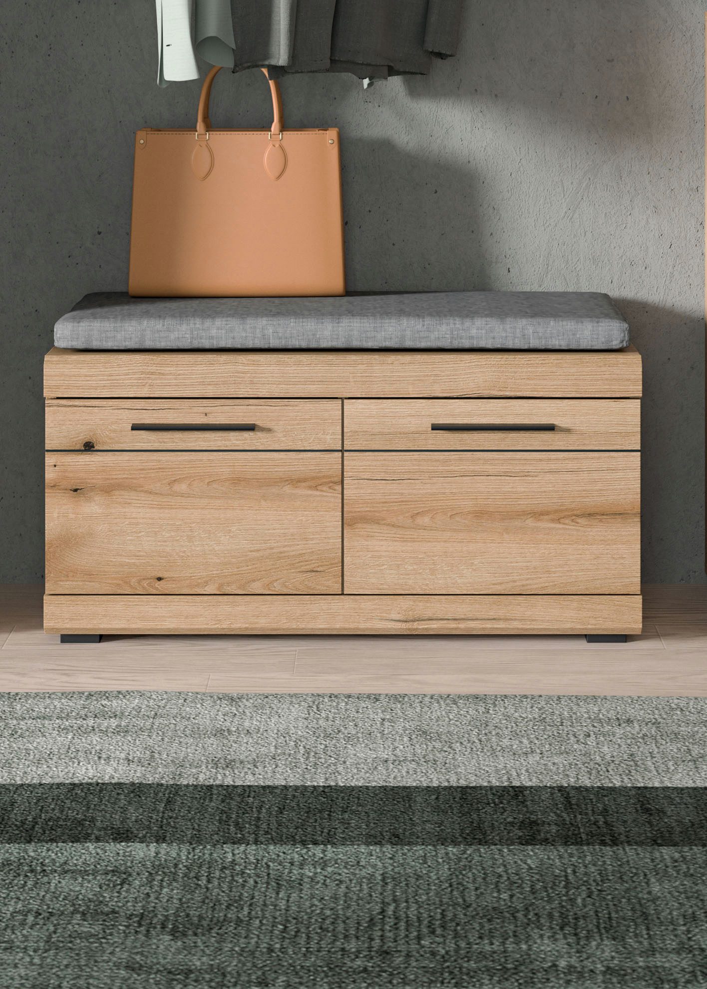 INOSIGN Sitzbank SIENA, Breite 90 cm, 2 Türen, 2 E-Böden, 4 Fächer, inkl. Sitzkissen (2-St., hochwertige Rillenfräsung in MDF Front), Garderobenbank, Dielenbank, Bank, Flurbank, Kommode