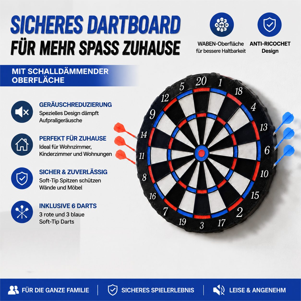 Toomoke Dartscheibe Dartscheibe 41cm mit 6 Dartpfeilen Dart Set für Kinder und Erwachsene, (mit Wandhalterung und Standfuß)