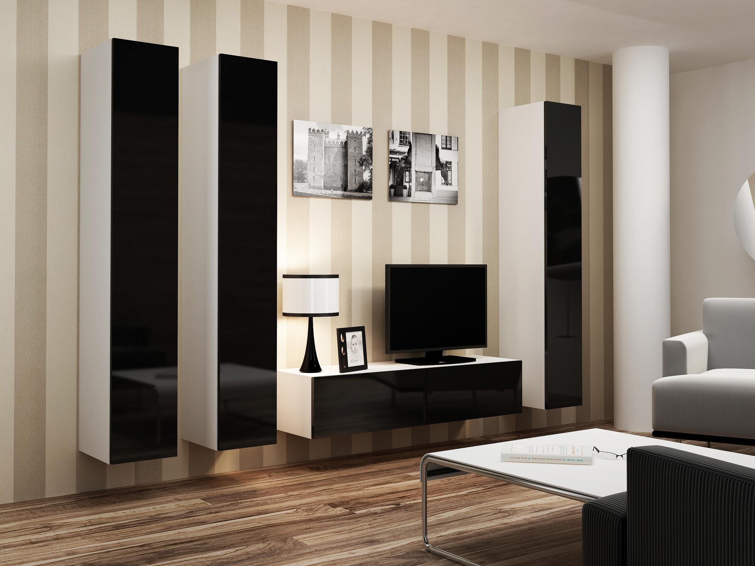 Stylefy Wohnwand Vago XIV, (Set (4-St), Wohnmöbel, Wohnzimmer-Set), bestehend aus 1xLowboard und 3xHängeschrank, Hochglanzfronten, mit Push-to-Open, Modern Design Weiß/Schwarz | Wohnwände