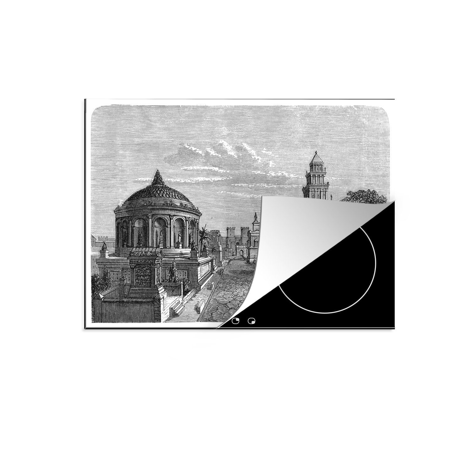 MuchoWow Herdblende-/Abdeckplatte Schwarz-Weiß-Abbildung der Via Appia in Rom, Vinyl, (1 tlg), 70x52 cm, Mobile Arbeitsfläche nutzbar, Ceranfeldabdeckung