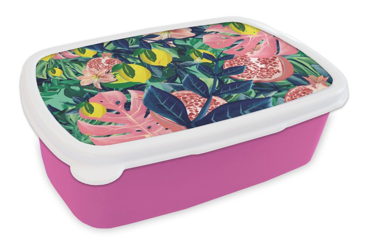MuchoWow Lunchbox Blumen - Früchte - Farben, Kunststoff, (2-tlg), Brotbox für Erwachsene, Brotdose Kinder, Snackbox, Mädchen, Kunststoff rosa