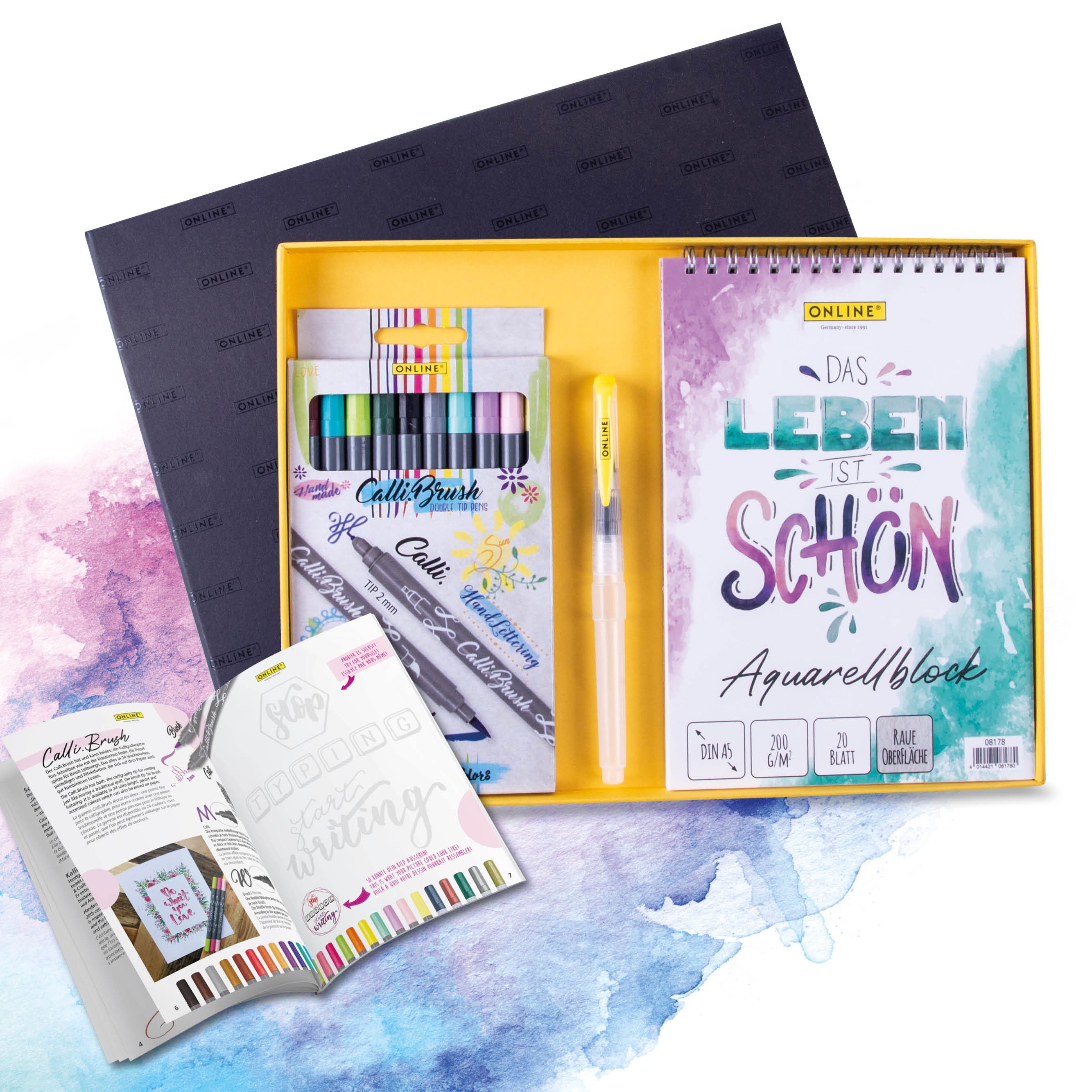 Online Pen Kreativset Aquarellset, (Aquarell-Malset für Handlettering, Kalligrafie oder Zeichnen, Aquarell-Block, 10x Calli.Brush Pens, Waterbrush-Pen, Aquarell-Magazin), in Geschenbox