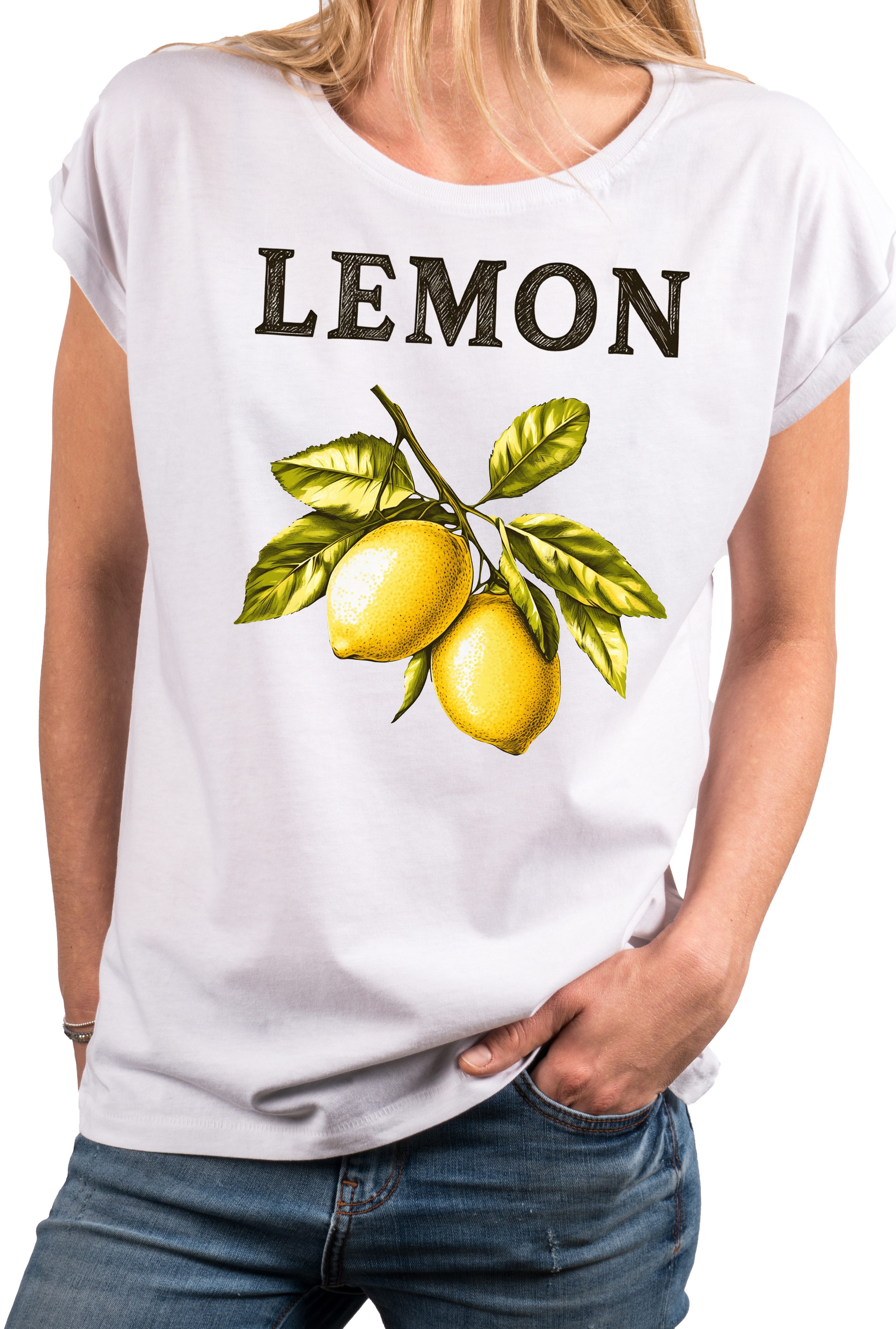 MAKAYA Kurzarmshirt mit Zitronen Print für Damen Modern Lässig Elegant (Weiß, Rosa, Grau, Grün, 34, 36, 38, 40, 42, 44, 46, 48, 50) aus Baumwolle