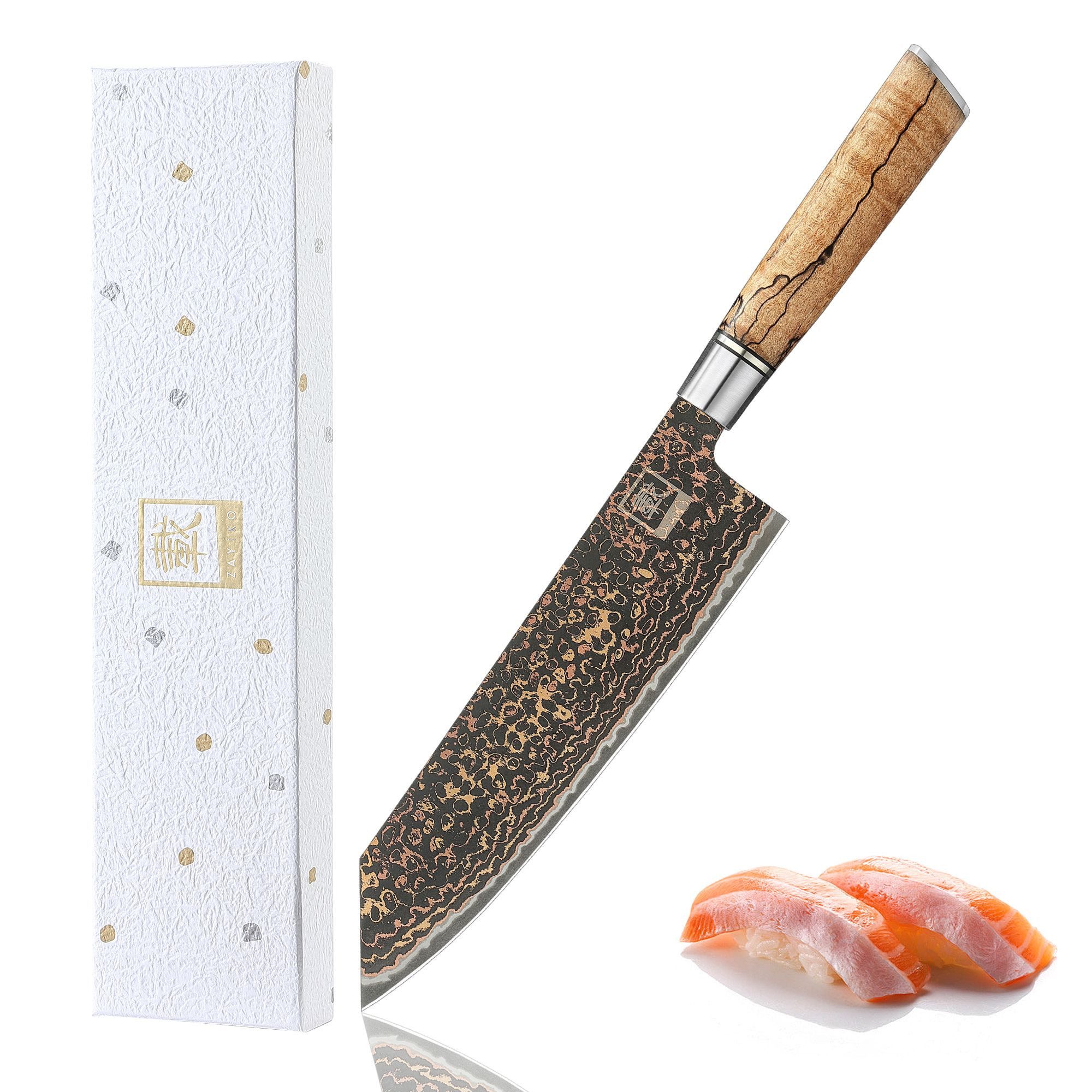 ZAYIKO Asiamesser BlackMagma Damast Kiritsuke Küchenmesser 21cm Klinge Kupfer-Bronze, schwarzer Damaststahl, Kupfer-Bronze-Einlage