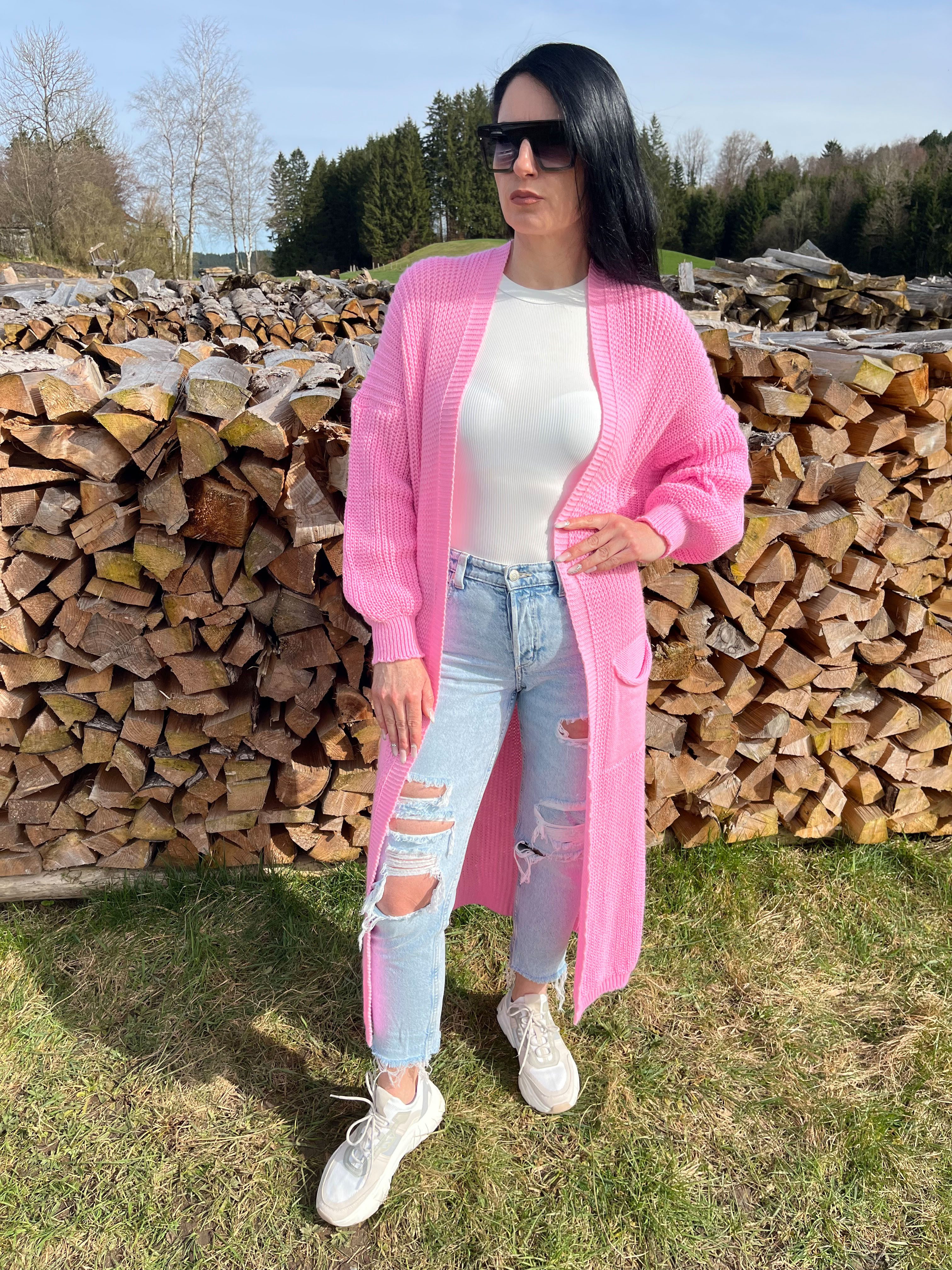 Lelü Fashion Strickjacke Timeless Elegance Longstrickcardigan Ballonärmeln