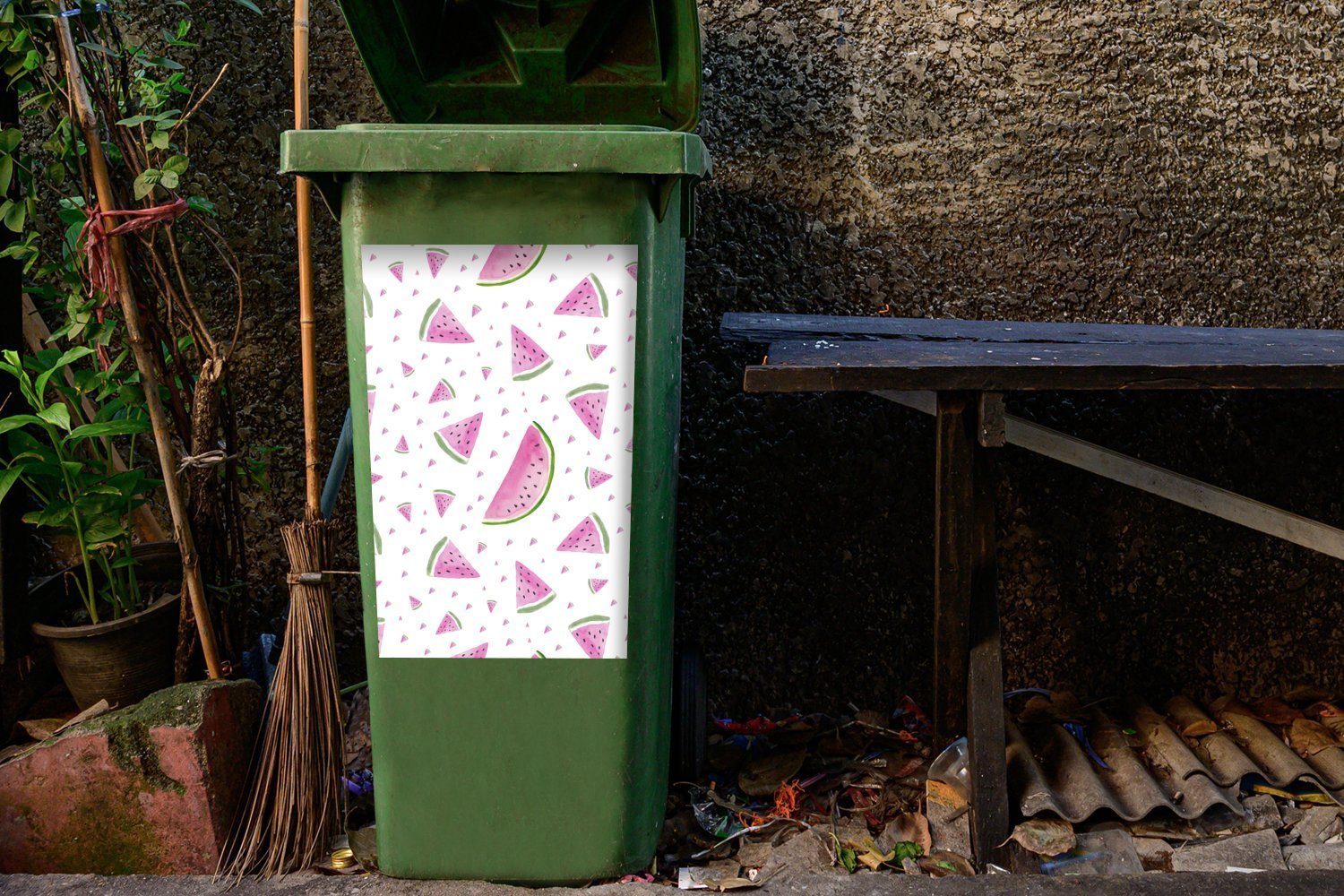 Sticker, Aquarell Pastell - Abfalbehälter Mülltonne, Mülleimer-aufkleber, (1 Wandsticker Wassermelone Container, St), MuchoWow -