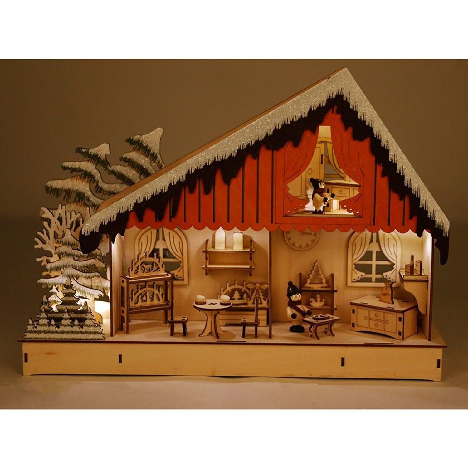 warmweiß Home LED Weihnachtsbeleuchtung 45x32x10cm Holzhaus Weih Dekofigur beleuchtet New