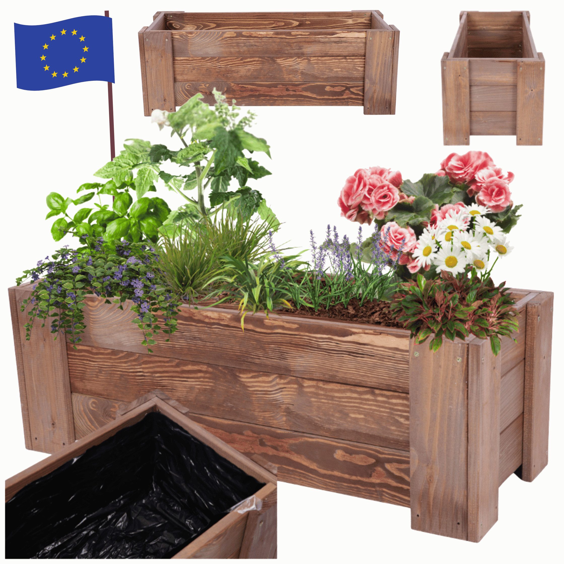 Modo24 Blumenkasten Pflanzkübel Holz, Hochbeet mit Schutzfolie, Kiefernholz Pflanzkasten, Blumenkasten für Outdoor Garten Terrasse Balkon, Wetterfest RDZP