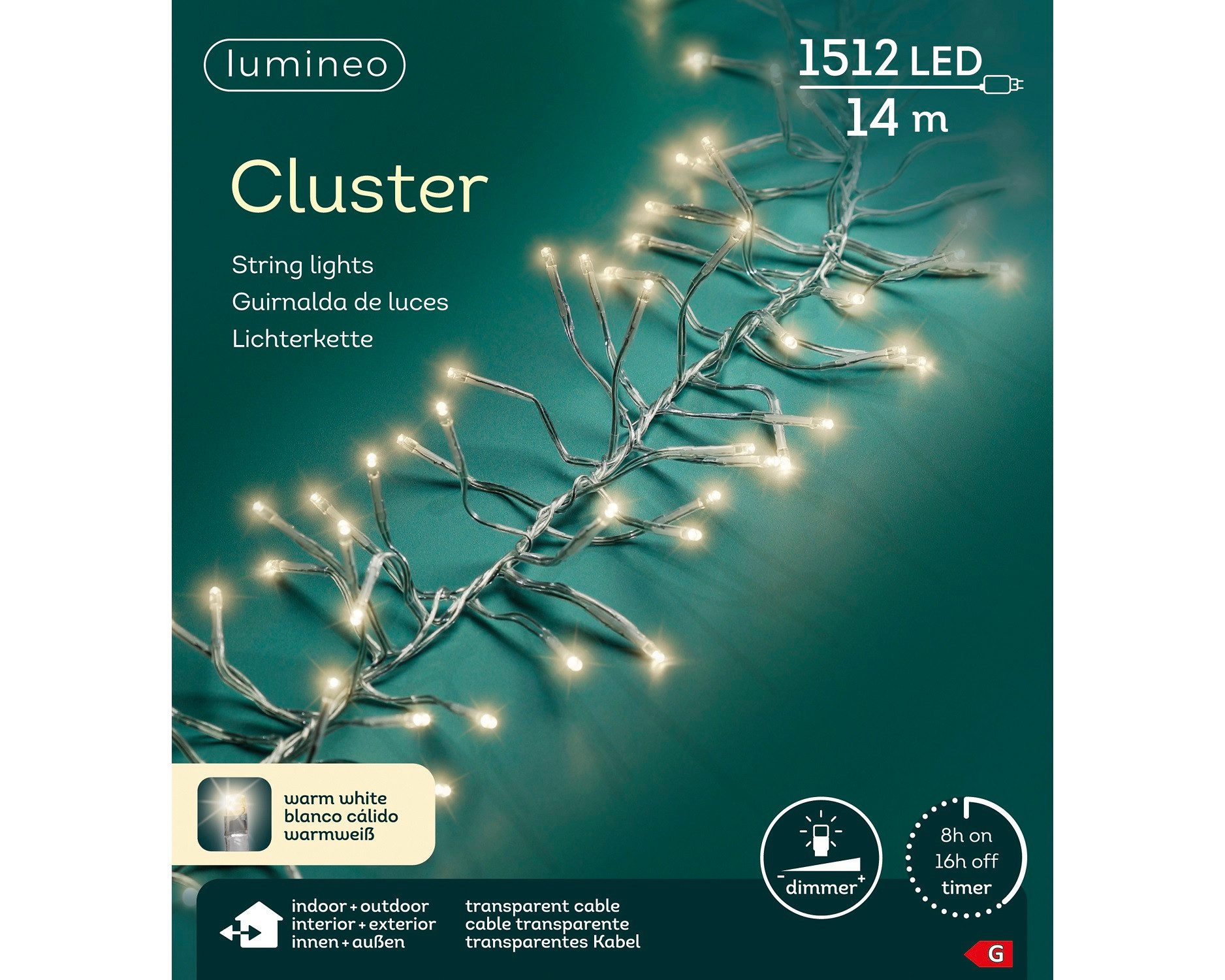 Lumineo LED-Lichterkette Lumineo Lichterkette CLUSTER 1512 LED 14 m warm weiß, transp. Kabel, Indoor/Outdoor, dimmbar, 8h-Timer, + 5 m Zuleitung