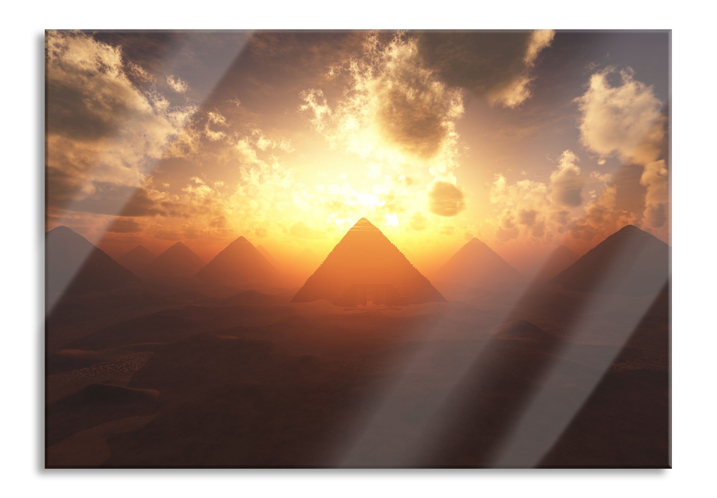 Pixxprint Glasbild Pyramiden beim Sonnenuntergang, Pyramiden beim Sonnenuntergang (1 St), Glasbild aus Echtglas, inkl. Aufhängungen und Abstandshalter