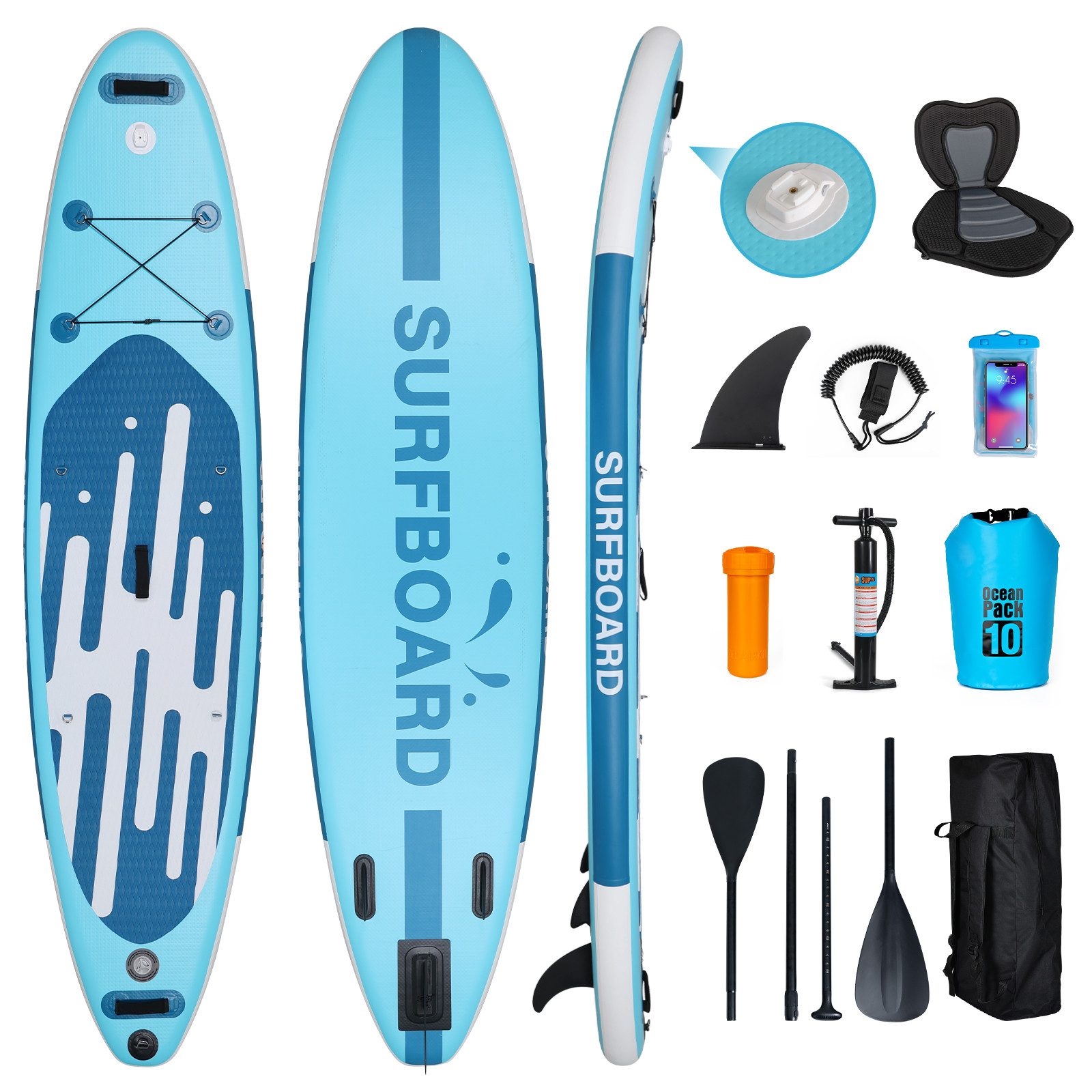 Puluomis Inflatable SUP-Board Set aufblasbar mit Halter, Sitz und Fußband, MB. bis 150Kg, 335/320cm, Surfbrett Paddling Paddelboard