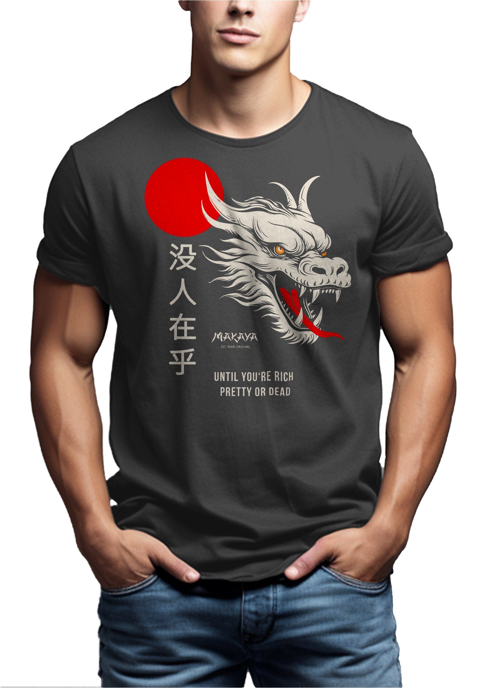 Drachen Spruch Cares Schriftzeichen MAKAYA mit Nobody Geschenke Dragon Coole Chinesischen Print-Shirt Grau