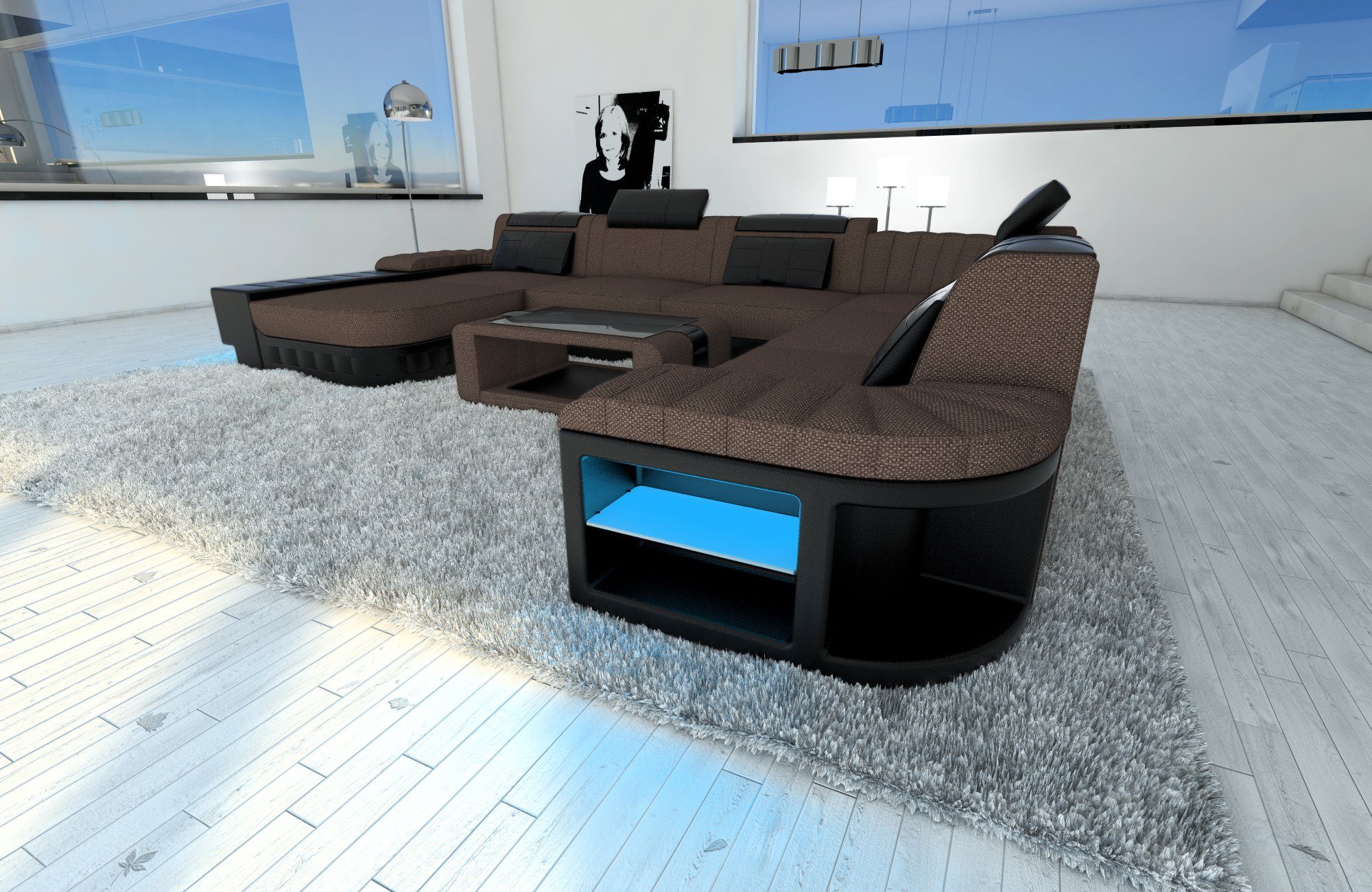 Dreams Designersofa Couch mit Sofa H8 LED, Bettfunktion mit Polster Wohnlandschaft wahlweise Stoffsofa, als Stoff Form Schlafsofa, XXL Braun-Schwarz Sofa Bellagio U