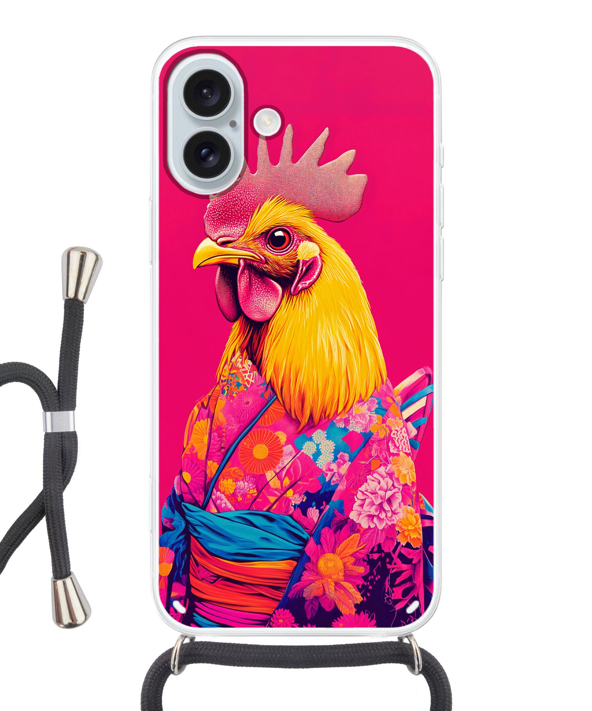 MuchoWow Handyhülle für Apple iPhone 16 Plus Hahn - Bunt - Kimono - Rosa, Tragbare Handyhüllen mit Kette zum umhängen, Handykette Handyband