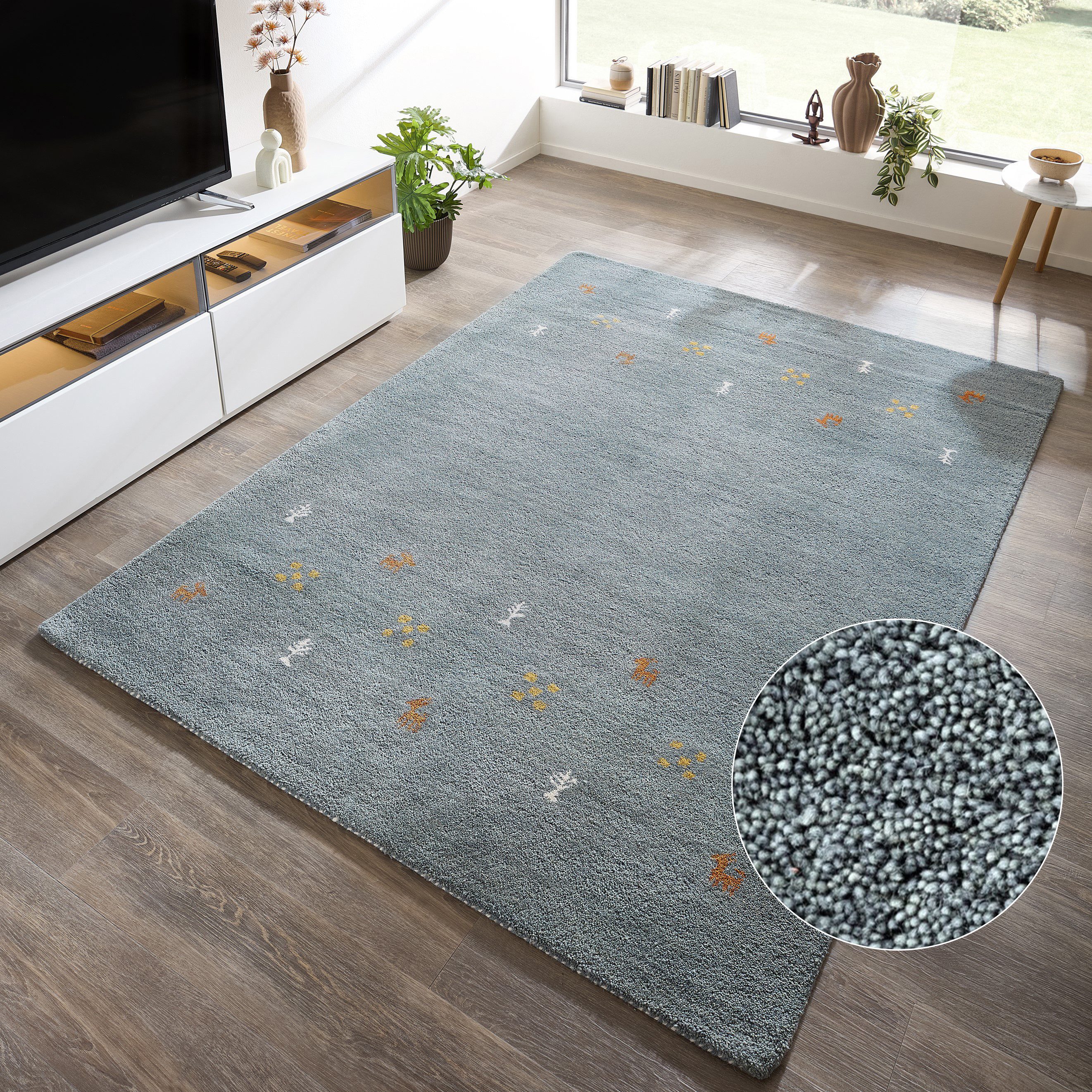 THEKO Wollteppich Gabbeh Motiv, Handgefertigt, Teppich, Tiermotiv, reine Wolle, rechteckig, Höhe: 14 mm, reine Wolle, Wohnzimmer, Schlafzimmer, Esszimmer