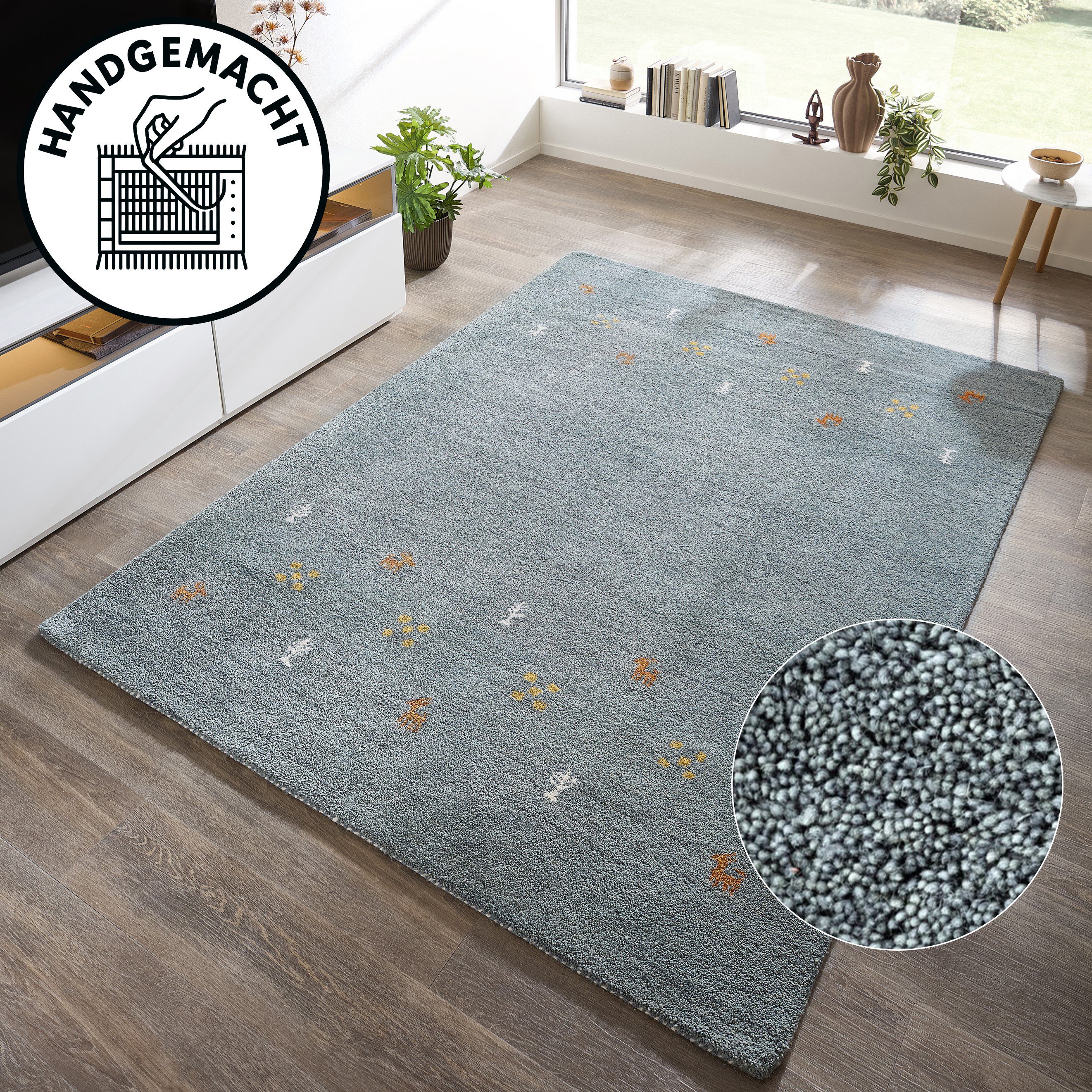 THEKO Wollteppich Gabbeh Motiv, Handgefertigt, Teppich, Tiermotiv, reine Wolle, rechteckig, Höhe: 14 mm, reine Wolle, Wohnzimmer, Schlafzimmer, Esszimmer