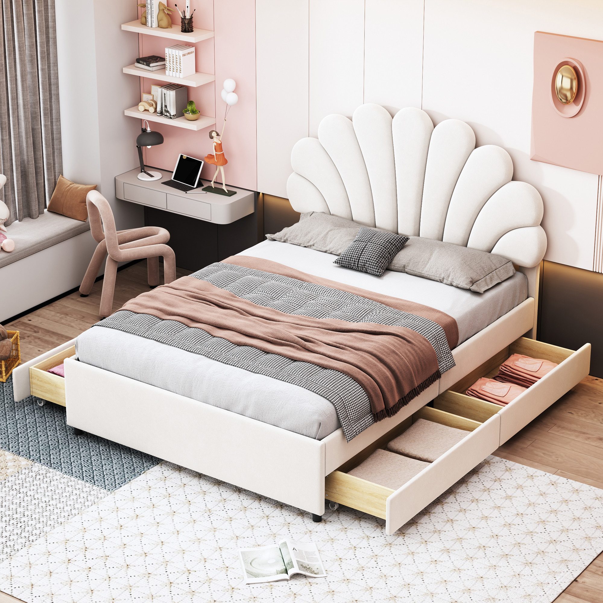 Flieks Polsterbett, Doppelbett Blumenform-Kopfteil Samt 140x200cm mit 4 Sch günstig online kaufen