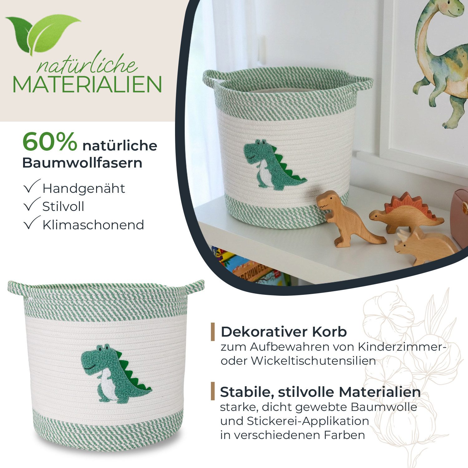 HMF Aufbewahrungskorb Aufbewahrungskorb mit verlängerten Griffen, runder Korb aus, Baumwolle für Kinderzimmer oder Babyzimmer,Dinosaurier, 30,5 x 30,5 cm