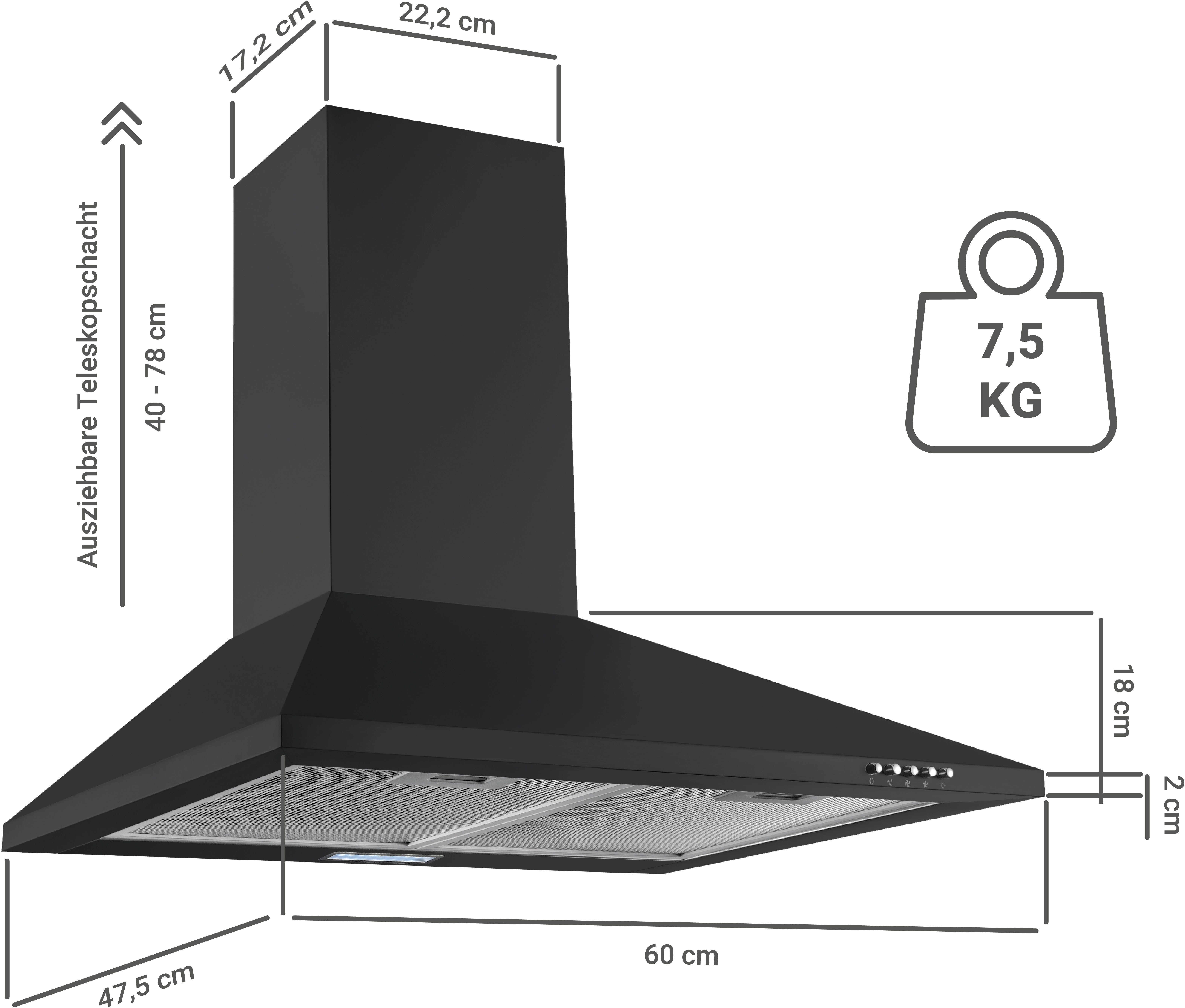 RESPEKTA Kaminhaube CH 22055 SA CH 22055 SA, 60 cm, 3 Leistungsstufen, LED-Beleuchtung, Ab- und Umluftfähig
