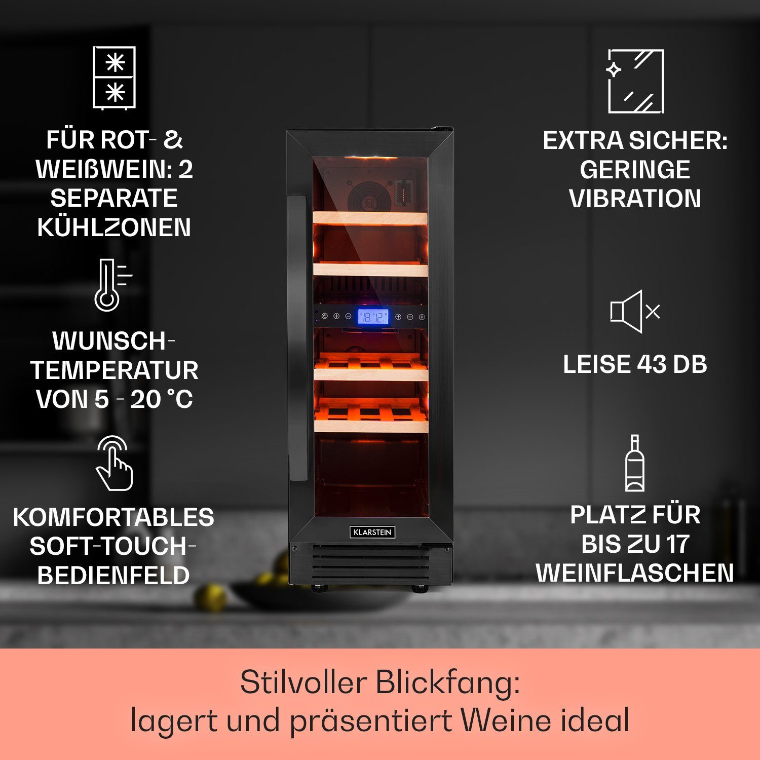 Klarstein Weinkühlschrank Vinovilla 17 Built-in Duo Weinkühlschrank 53 L 17 Fl. 2 Zonen, für 17 Standardflaschen á 0,75l,2 Zonen Wein Flaschenkühlschrank Weintemperierschrank Weinschrank