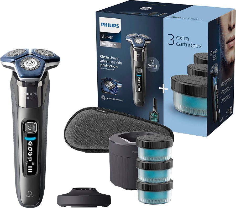 4 SkinIQ Präzisionstrimmer, 7000 Technologie Etui, Ladestand, Reinigungsstation, S7887/63, ausklappbarer Philips Series Elektrorasierer Shaver mit Reinigungskartuschen,