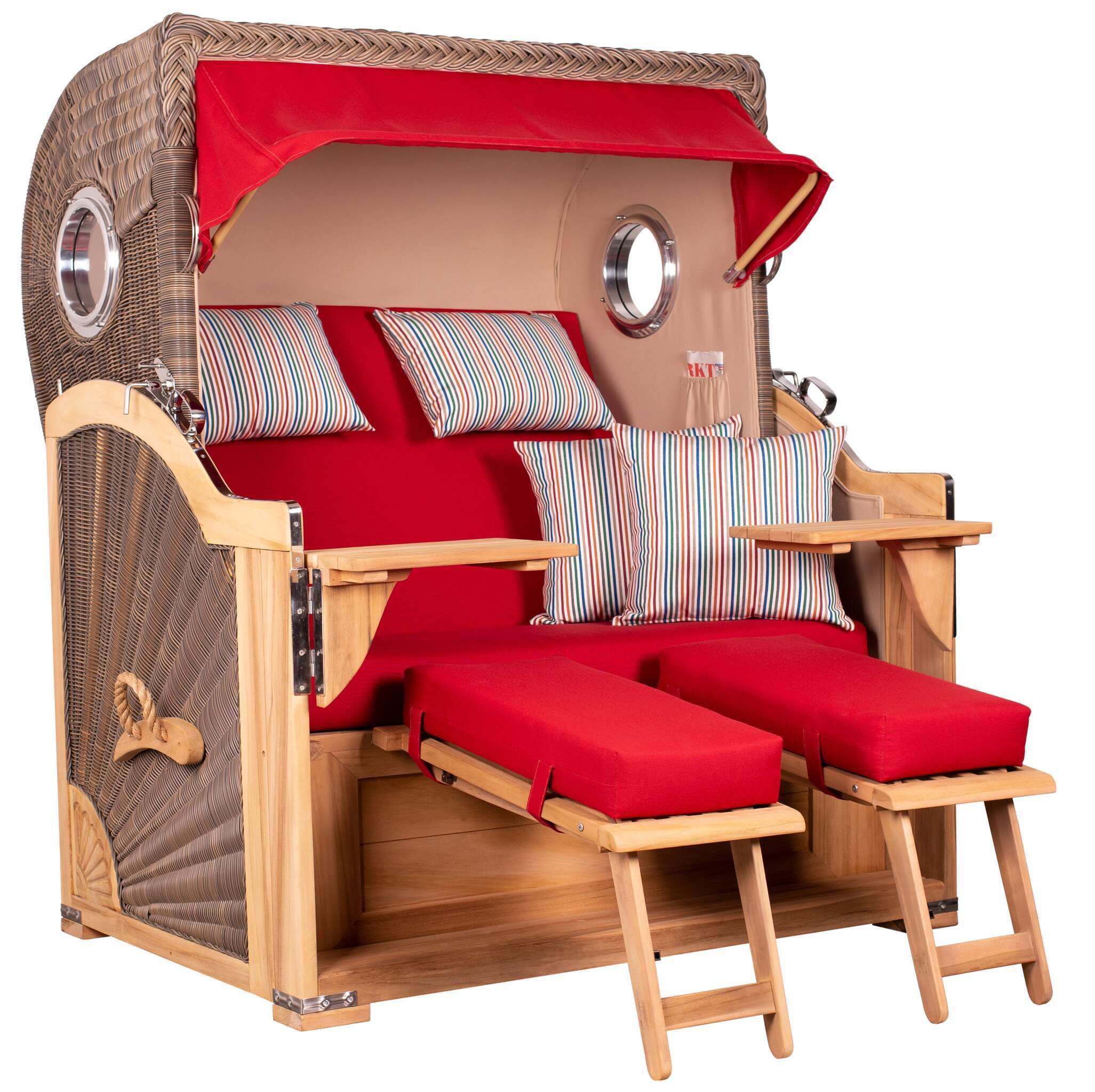 MR.DEKO Strandkorb XXL Baltikum 2,5-Sitzer Bullauge Teak PE Grey 142x170x95, BxTxH: 142x95x170 cm, Volllieger, Baltikum, (Wetterfester 2,5-Sitzer Strandkorb für Garten, Terrasse & Balkon), Volllieger mit Stauraum, Bullaugen & Edelstahl – komplett montiert