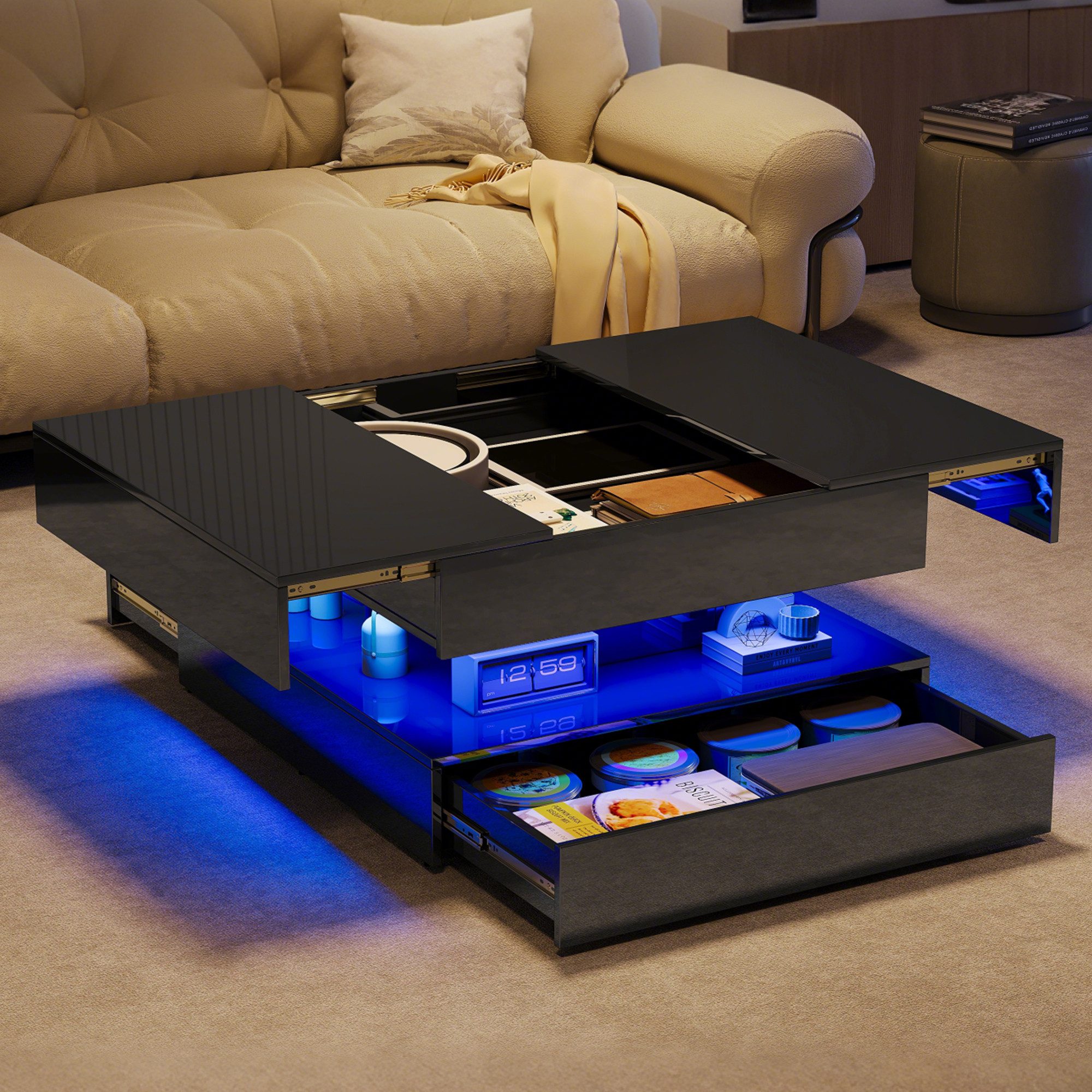 PXloue Couchtisch LED-Couchtisch mit Stauraum und modernem Design (Hochglän günstig online kaufen