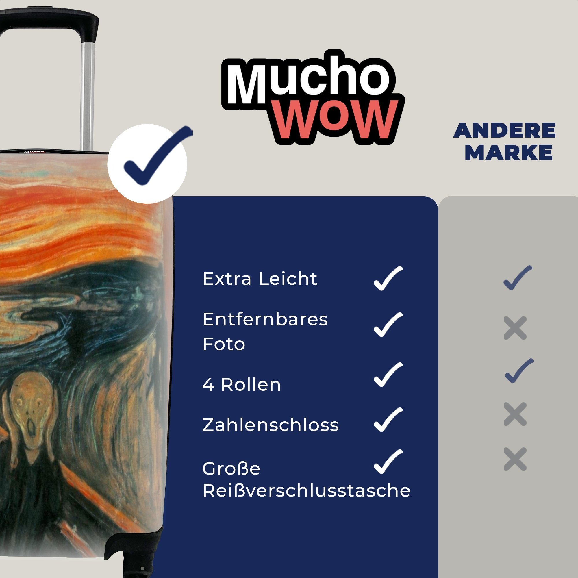 MuchoWow Handgepäckkoffer Der Schrei - Munch, Rollen, rollen, mit Edvard Reisetasche für Ferien, Handgepäck Trolley, 4 Reisekoffer