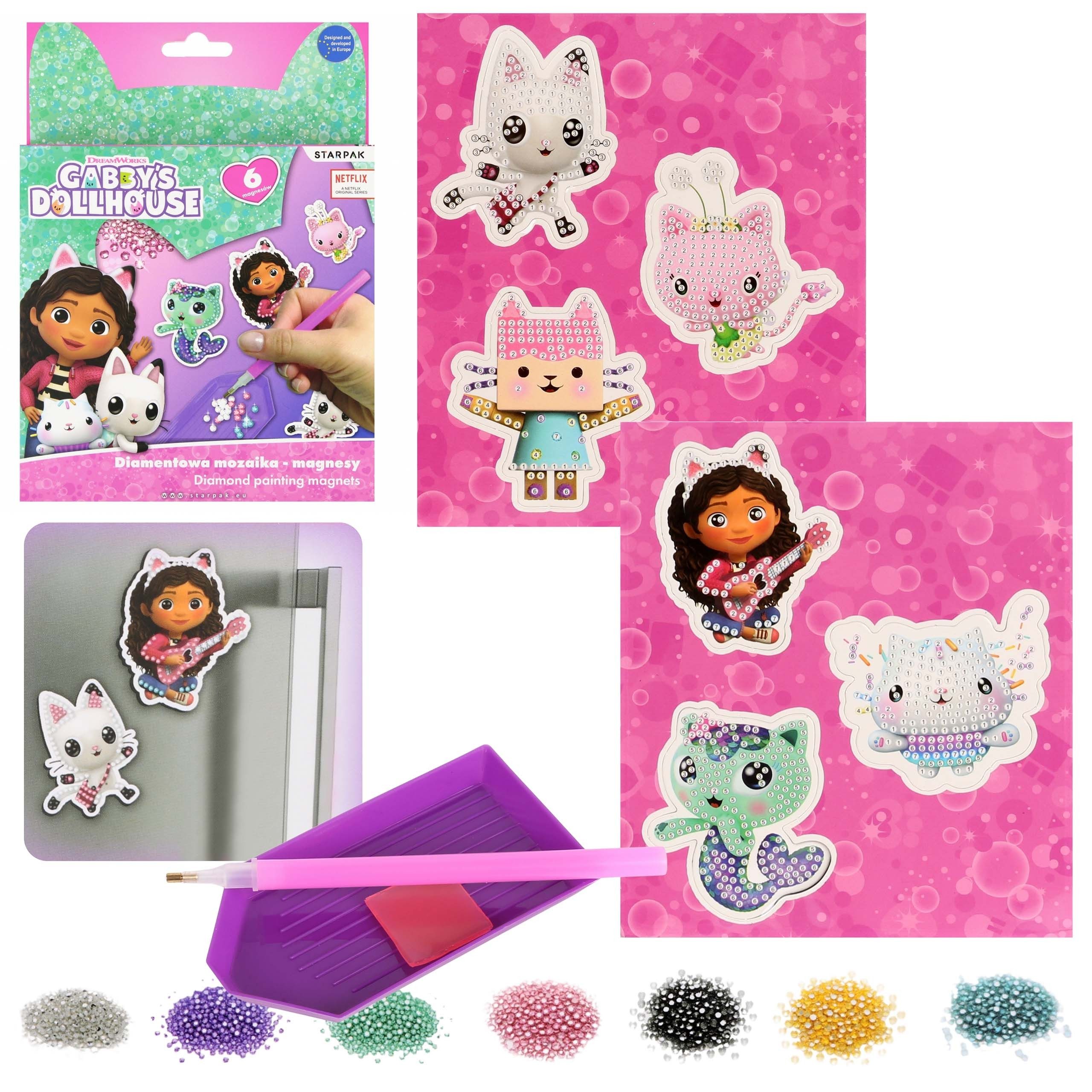 Sarcia.eu Stickerbuch Gabby's Dollhouse Kreativset, Diamantmosaik - Magnete, 900 Zirkone