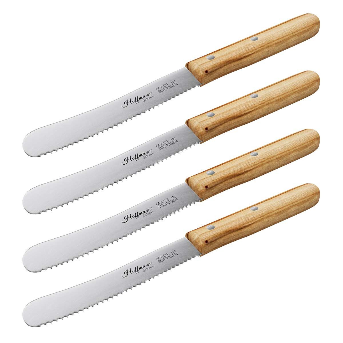 Hoffmann Germany Brotzeitmesser Buckelsmesser Solingen 11 cm Buchenholzgriff – Wellenschliff (4 Stück), Wellenschliff, Buchenholzgriff, Frühstück & Brotzeit