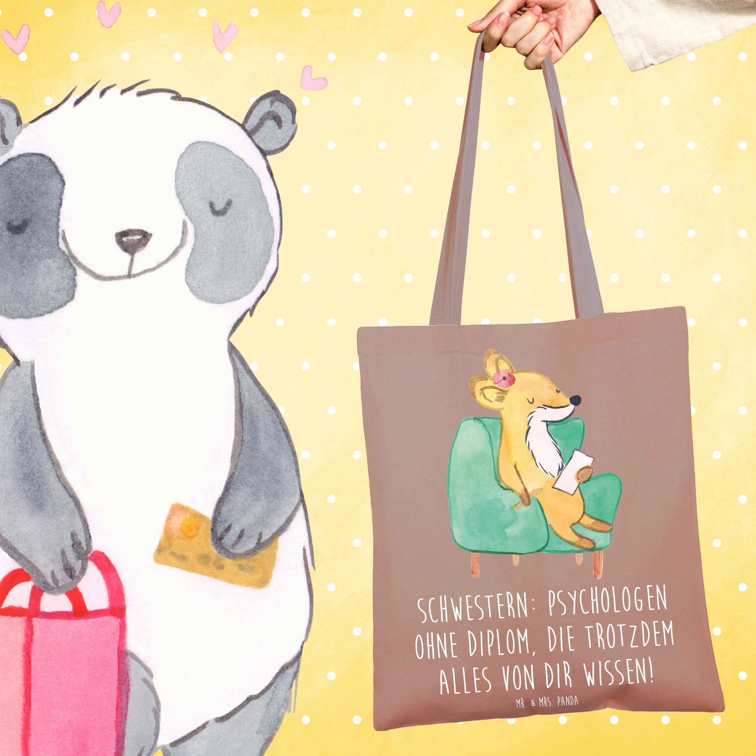 Mr. & Mrs. Panda Tragetasche Schwestern Psychologen, Tote Bag, Braun Pastell, Jutebeutel, Stoffbeu (Packung, Schwester Familie Verwandte), Jutebeutel umhängebeutel Jubiläen
