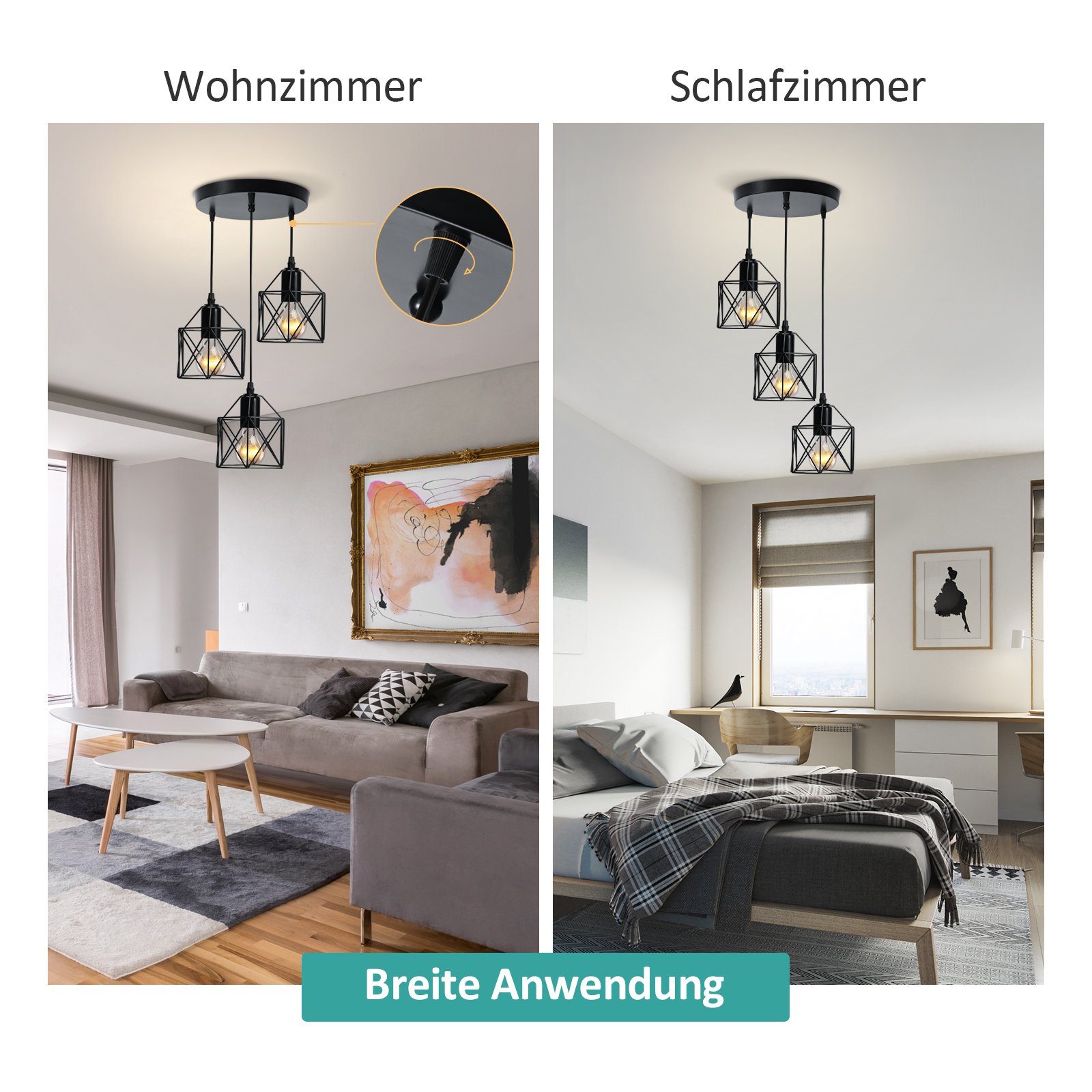EMKE Pendelleuchte 3-flammig Industriell höhenverstellbar, ohne Leuchtmittel, E27-Fassung, Eisen Schwarz, Ideal für Esszimmer, Küche & Wohnzimmer