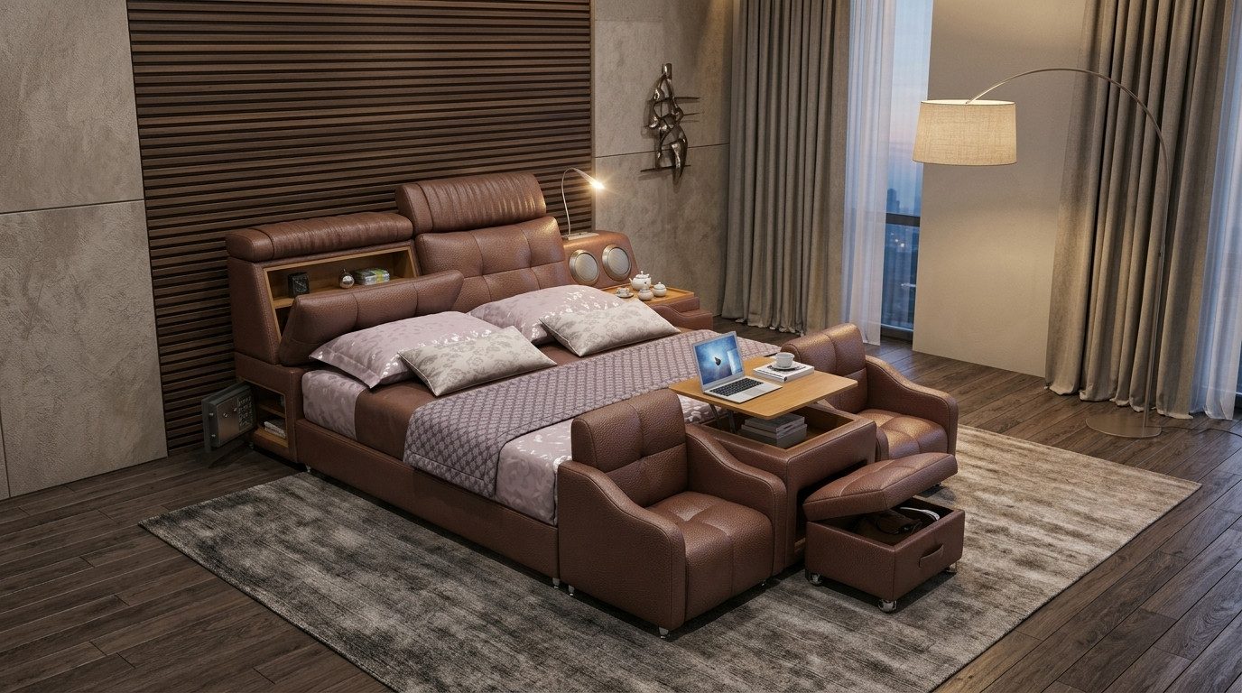 JVmoebel Multimediabett Polsterbett Smartbett mit Massage Lautsprecher und Safe Sofort (Mehrteiliges Set, 1-tlg., Bettgestell inklusive Soundsystem Massagesessel Laptoptisch und Hocker), Made in Europe