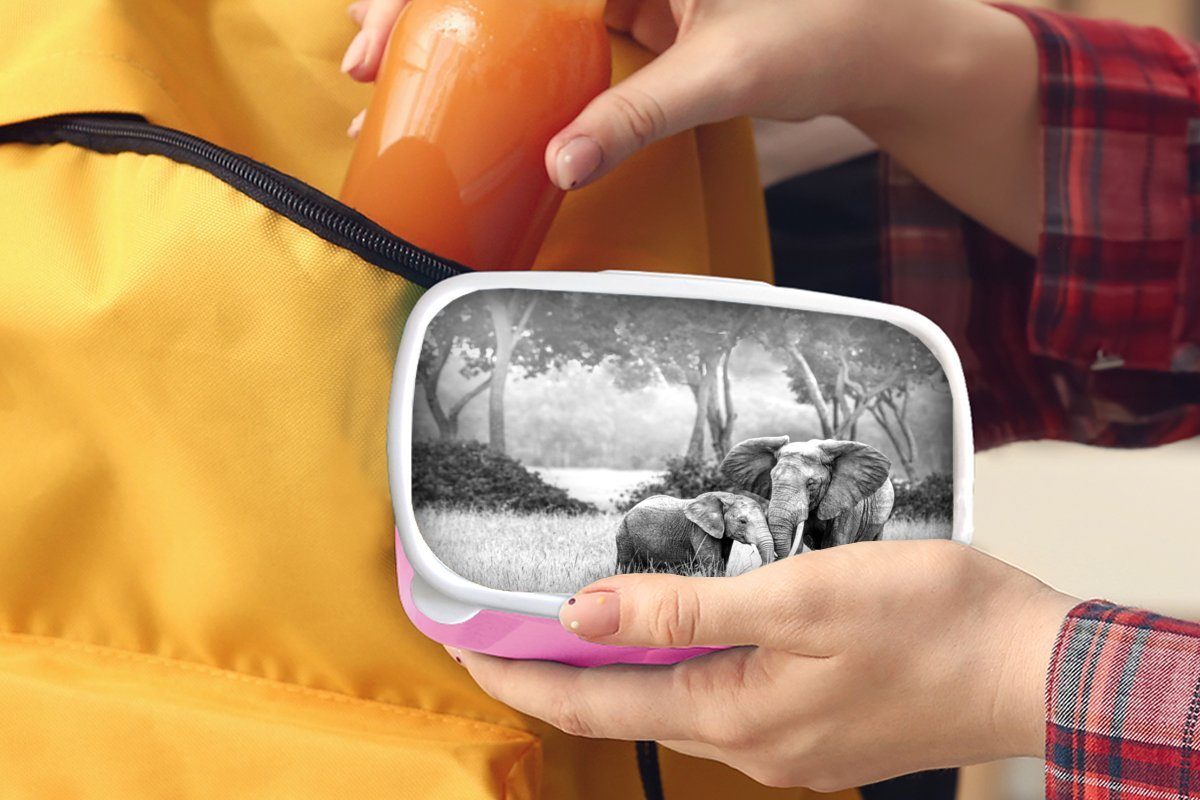 Kinder, Mutter mit für MuchoWow Brotdose Mädchen, Snackbox, (2-tlg), Lunchbox weiß, Elefantenbaby Erwachsene, - rosa Kunststoff Brotbox Kunststoff, und seiner schwarz
