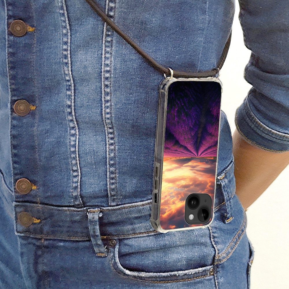 MuchoWow Handyhülle für Apple iPhone 14 Lavendelfeld - Sonnenuntergang - Lila, Tragbare Handyhüllen mit Kette zum umhängen, Handykette Handyband