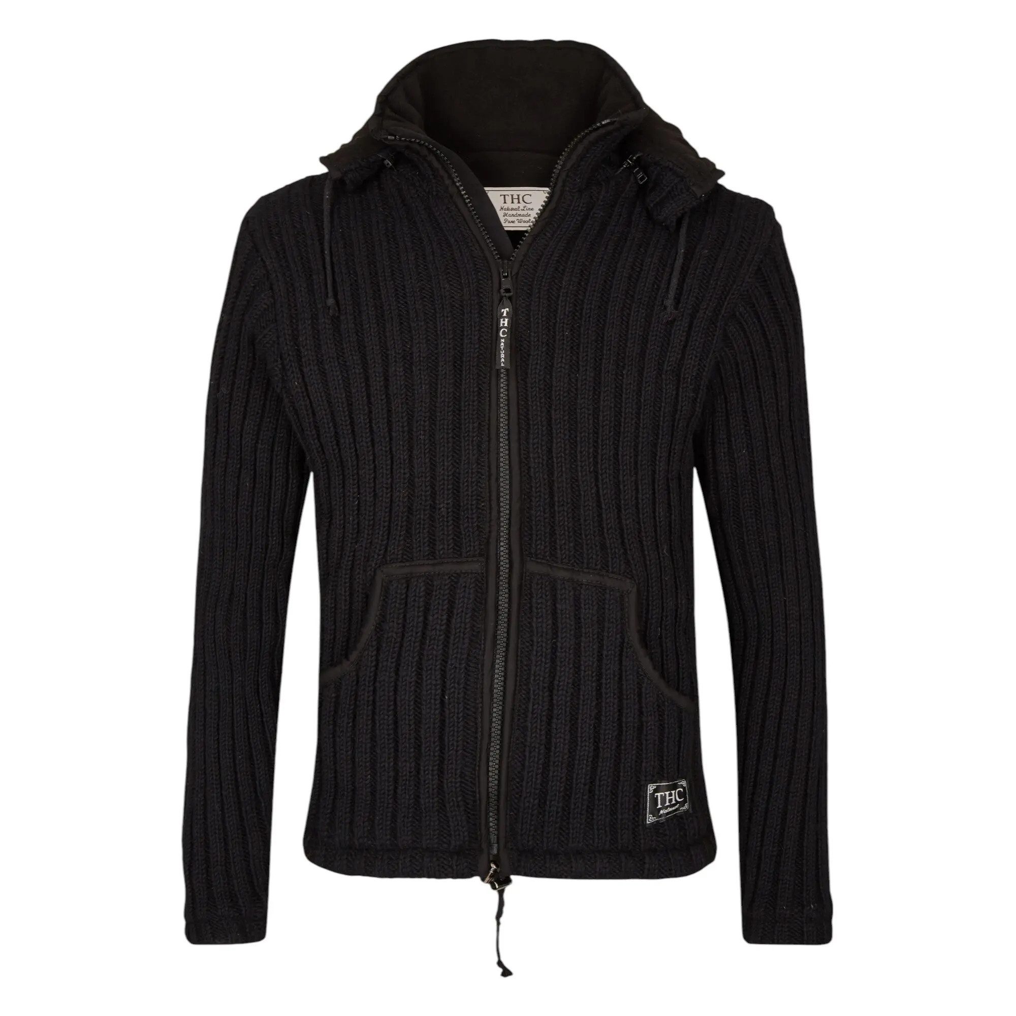 THC Natural Line Strickjacke THC Schafwollstrickjacke schwarz 721 (1 Stück, 1-tlg., 1 Stück) Strickjacke mit abnehmbarer Kapuze