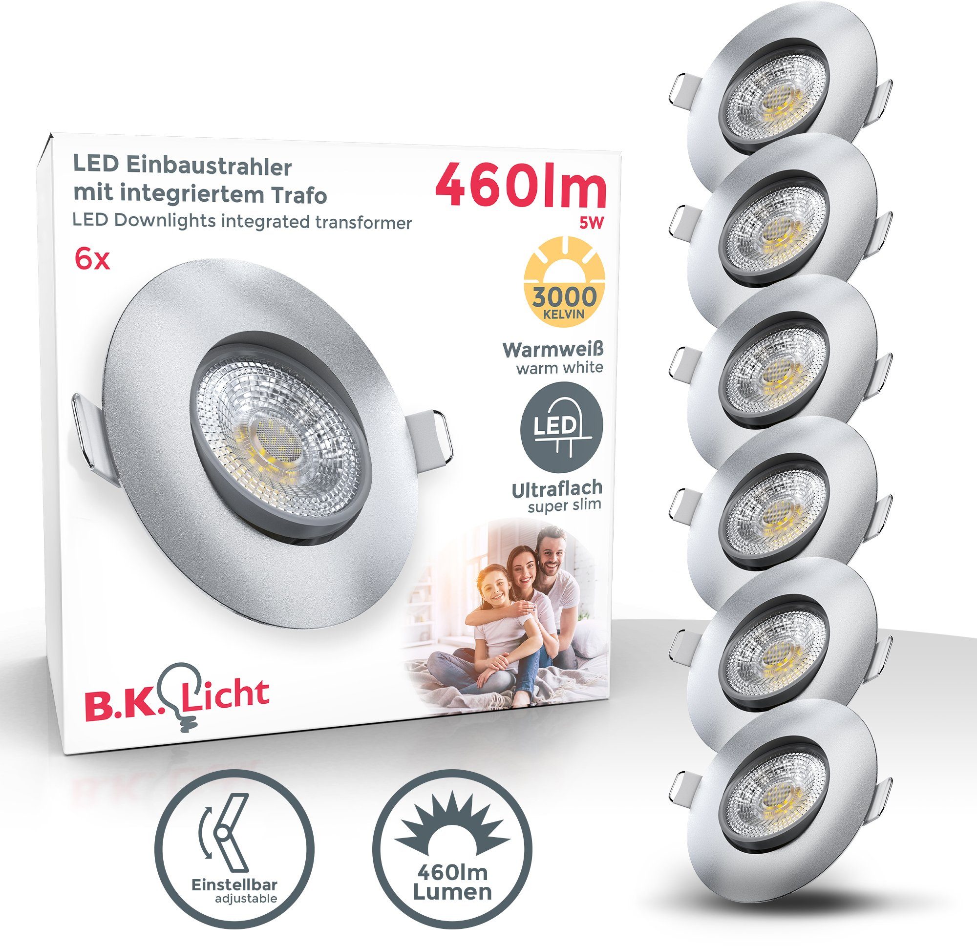 integriert, Warmweiß, LED Einbauleuchte, 6er flach Set Einbauleuchten, LED B.K.Licht schwenkbare fest ultra (30mm)