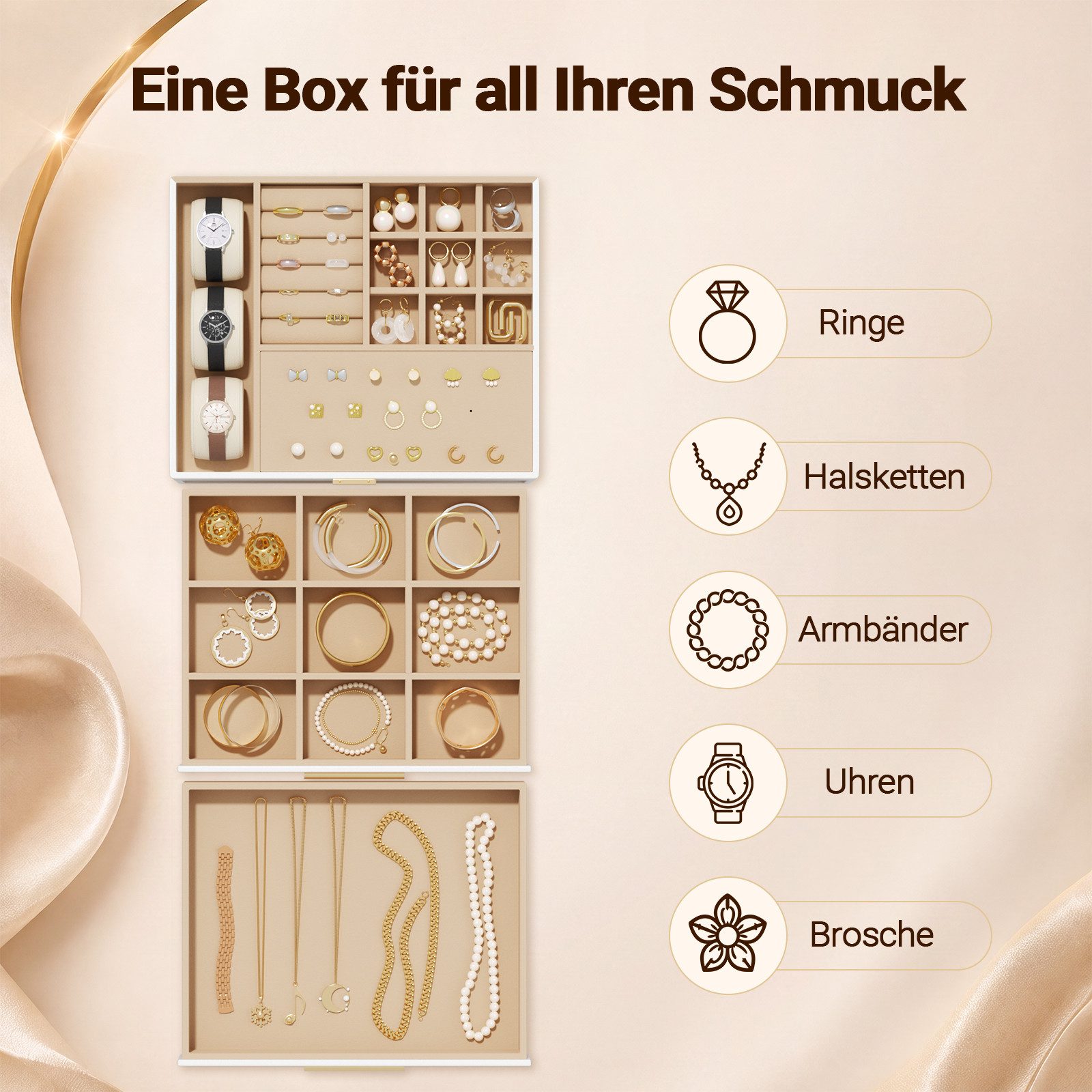Hausright Schmuckkasten 3 Ebenen Schmuckbox mit Glasdeckel, 2 Schubladen (Schmuckschatulle) – Bild 2 von 5
