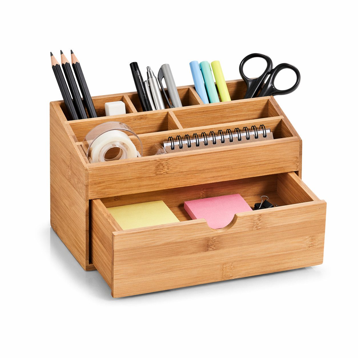 hausleben Organizer Schreibtisch aus Bambus mit Schublade–Büro Organizer, (Schreibtischablage für Büro & Home Office, 1 St), 6 Fächer mit Schublade,24,5x13x15 cm