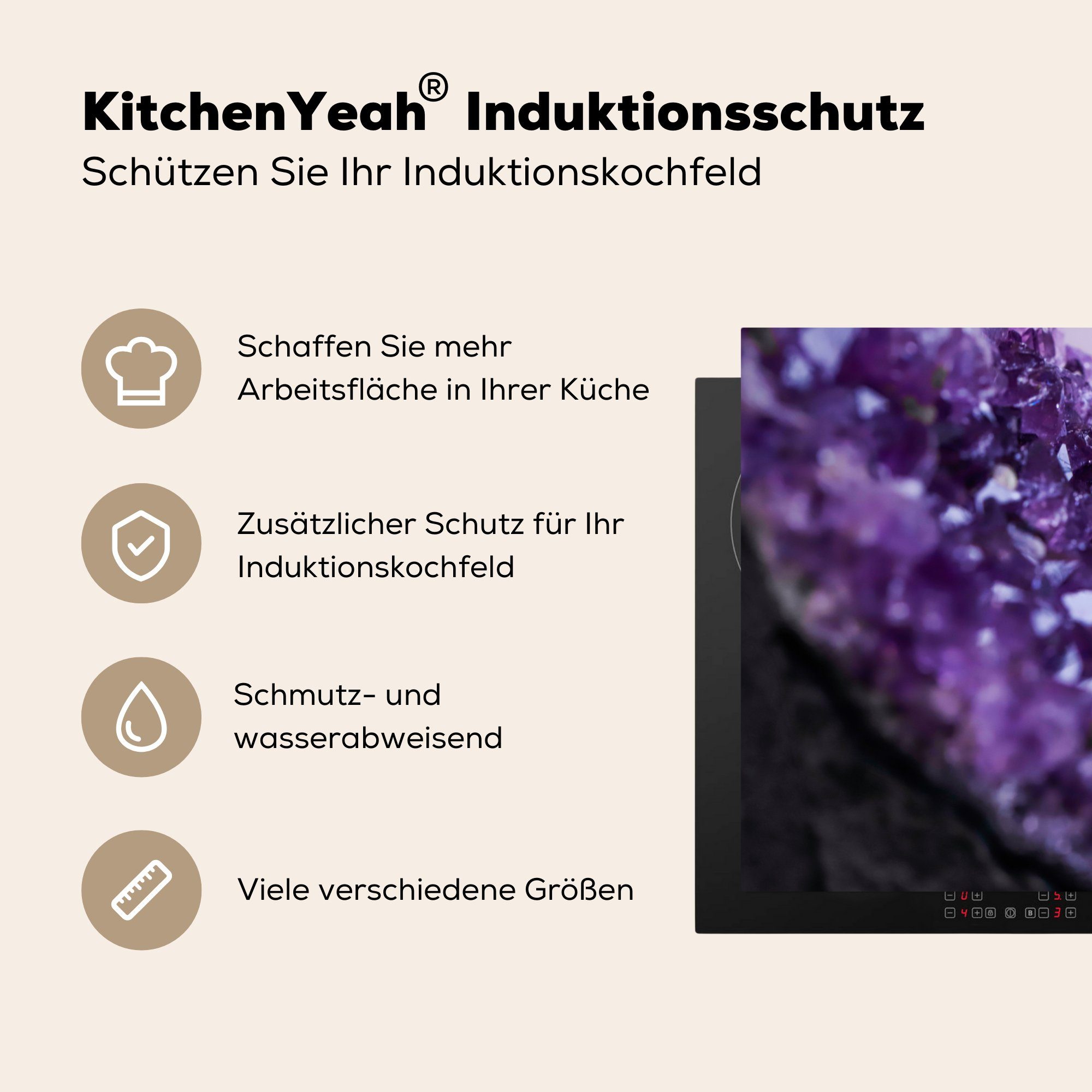 Herdblende-/Abdeckplatte (1 für MuchoWow cm, Induktionskochfeld Amethysten, tlg), Ceranfeldabdeckung die 81x52 eines Vinyl, Schutz küche, Nahaufnahme violetten