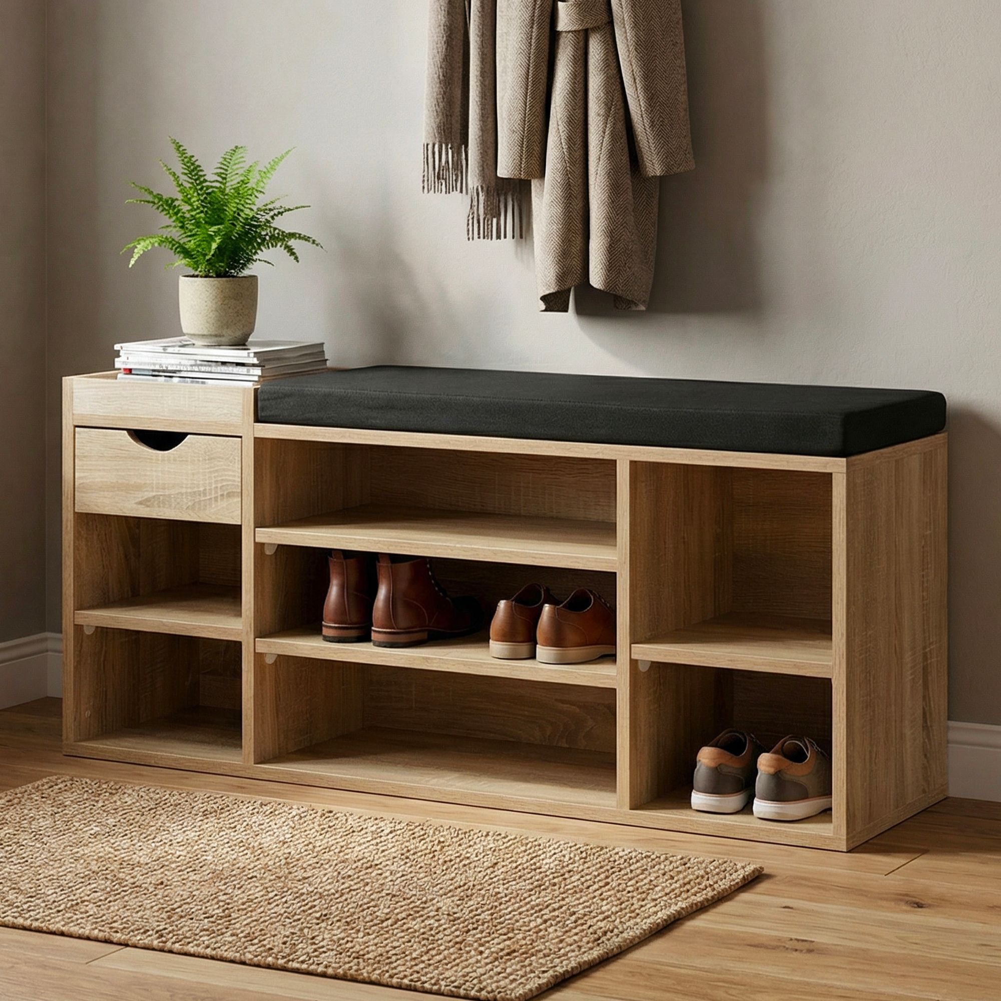 FINEBUY Schuhbank FB78603 Garderobenbank Braun 100cm Flurbank Sitzbank Schuhregal Flur (Ordnung und Sitzkomfort für deinen Eingangsbereich), Flexible Ablagen und Schublade clever kombiniert