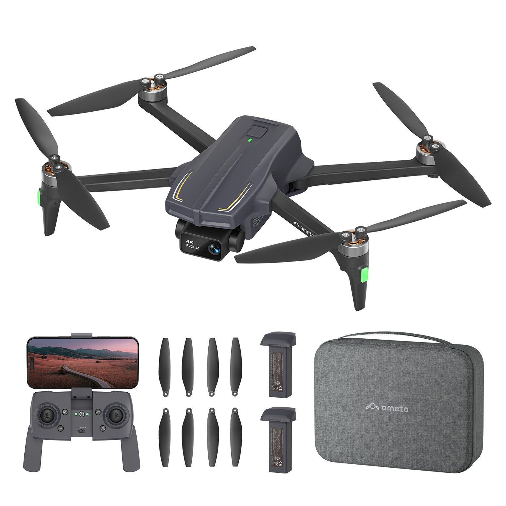 AMETA mit Kamera 4K und GPS, 50 Min Flugzeit, Follow-Me, Bürstenloser Motor Drohne (4K Ultra HD, Spar-Set, Perfekt für Anfänger Kinder, Auto Return, Gestensteuerung, 5G-WiFi FPV, One-Key-Start & Landung)
