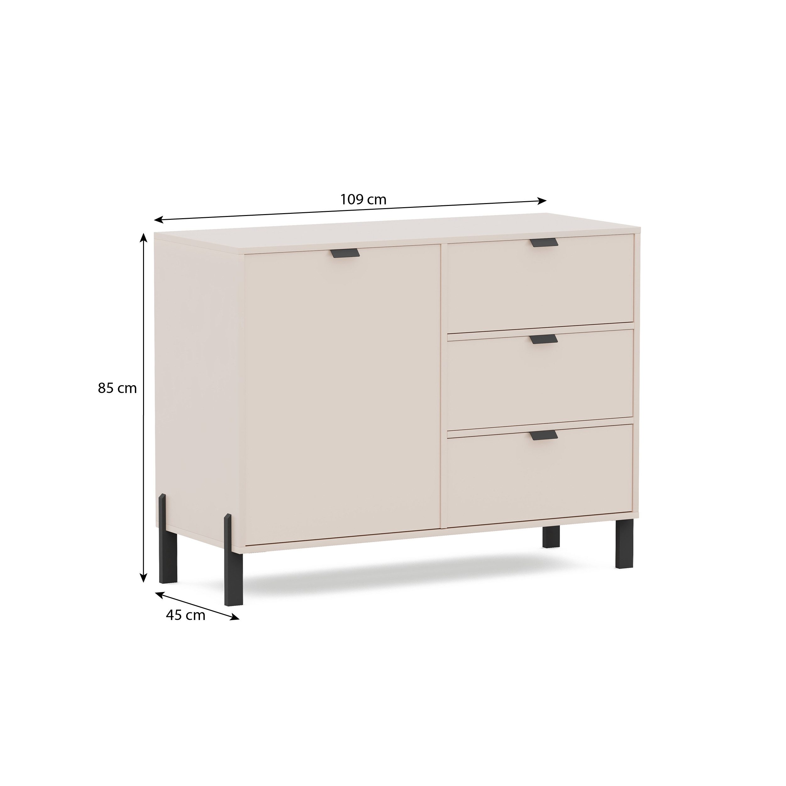 Beautysofa Kommode CORTINA Sideboard mit 1 Tür und 3 Schubladen (Metallgriffen, Farbe Sandbeige), Breite: 109 cm