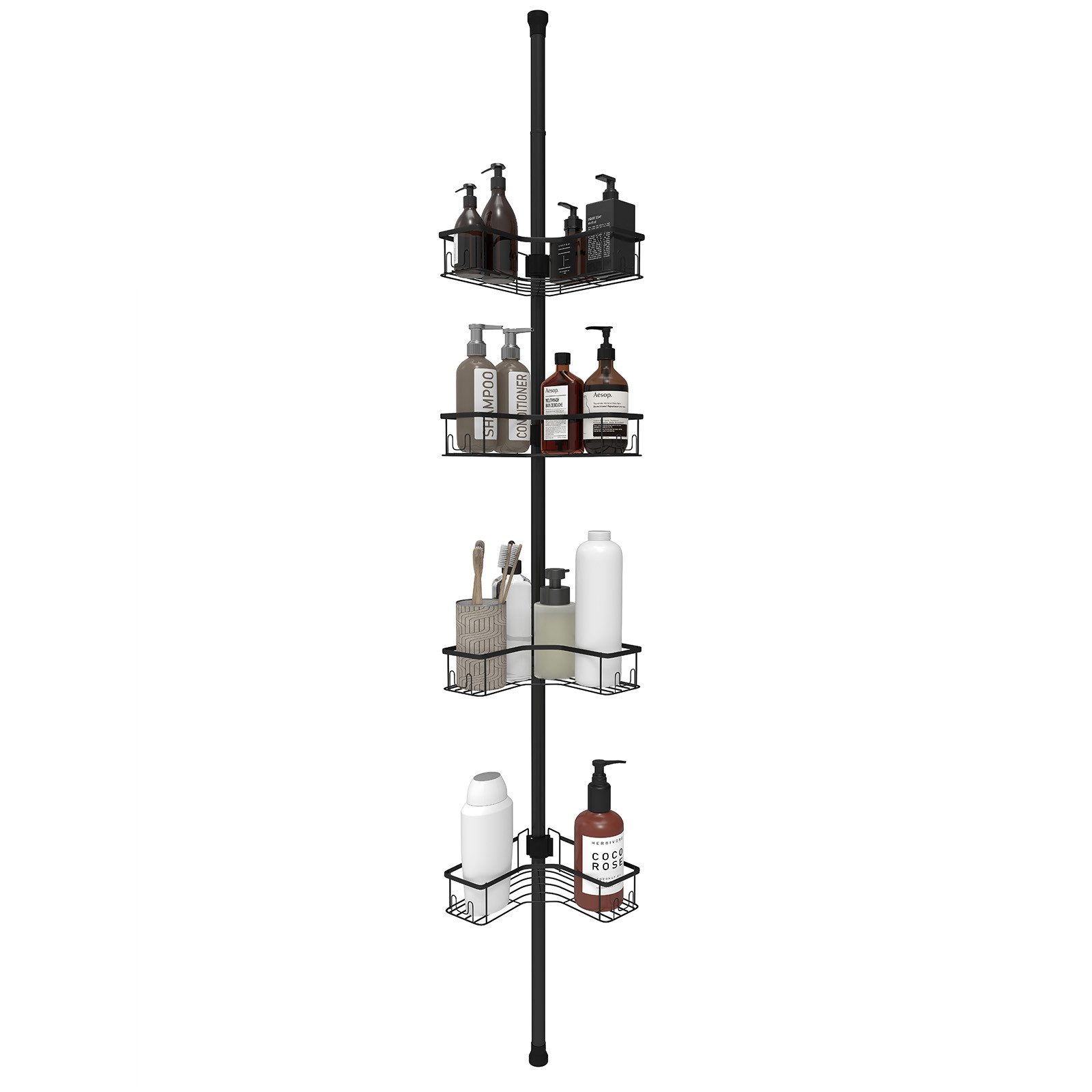 Sekey Duschregal Teleskop-Duschregal ohne Bohren, 4 Ablagen, 80–310 cm, Badregal Eckregal, höhenverstellbar, bis 20 KG