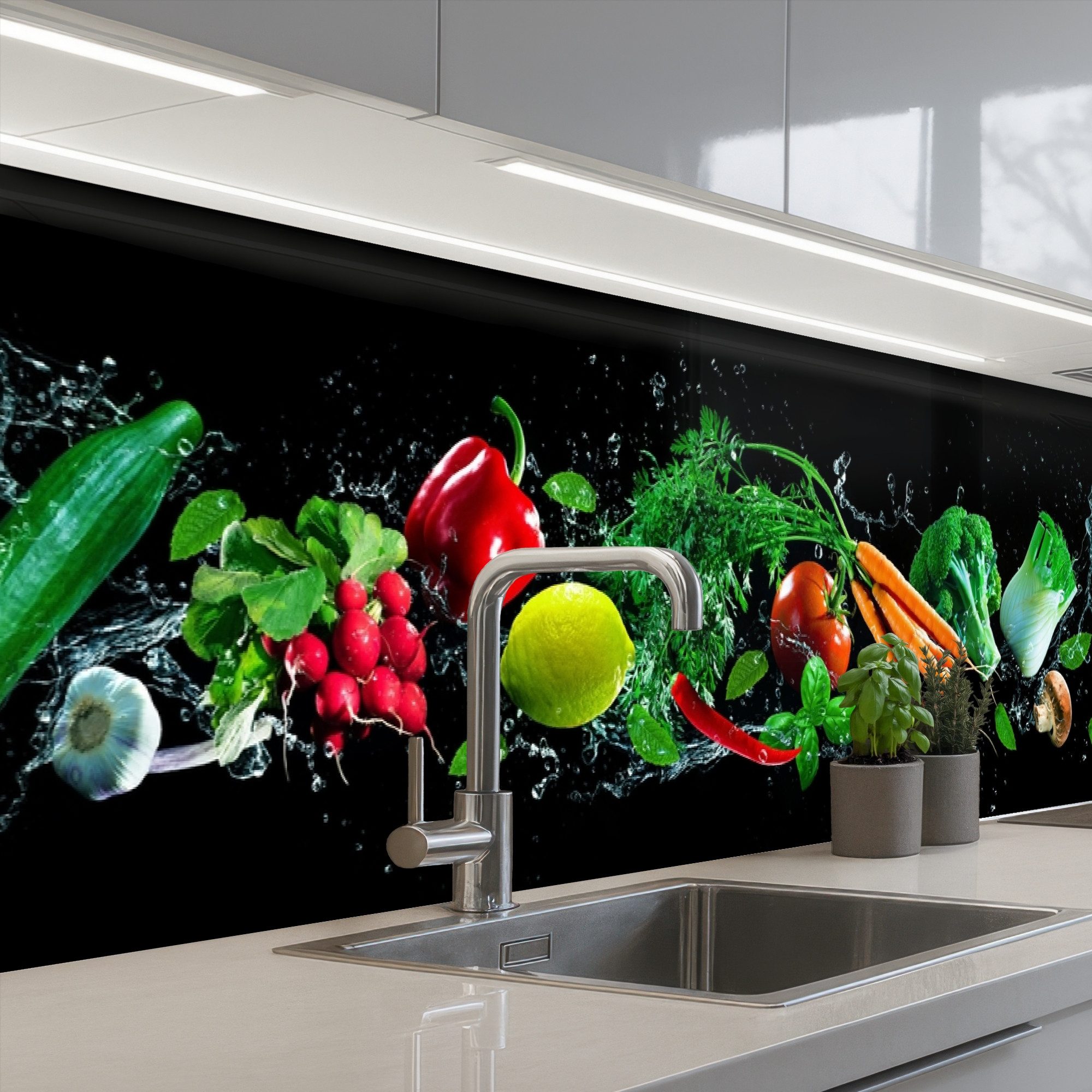 KitchenYeah Küchenrückwand selbstklebend Gemüse - Splash - Schwarz, (1-tlg), Spritzschutz, Küche, Rückwand, Küchenwand, Ohne Bohren, 250x60 cm
