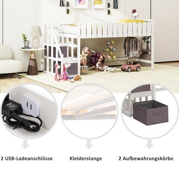 REDOM Kinderbett Massivholzbett, Nachttisch mit USB-Anschluss (90x200cm, mit Lattenrost Mit Sicherheitsleiter, Kleiderbügel Aufbewahrungsbox), ohne Matratze