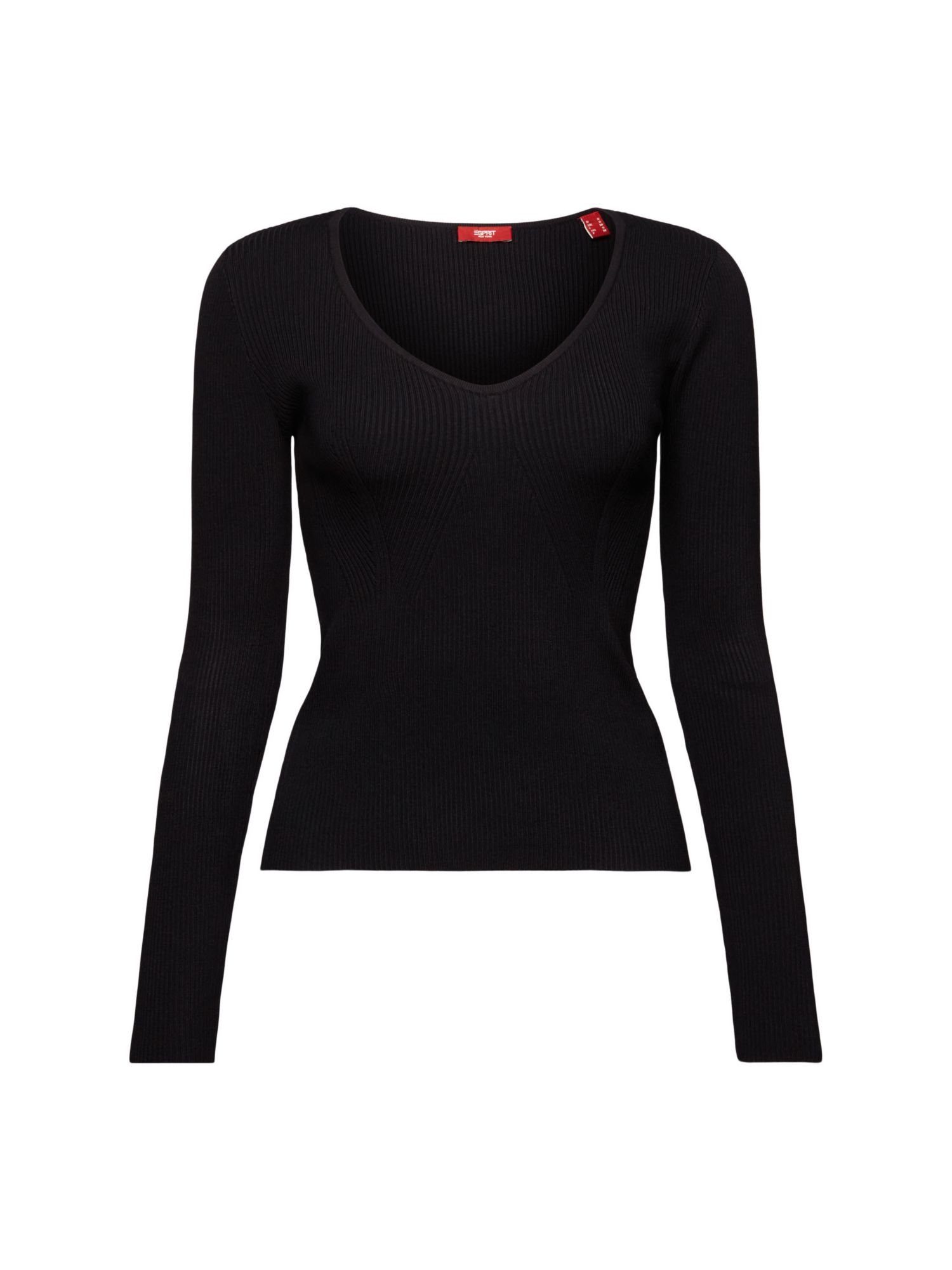 Esprit Collection V-Ausschnitt-Pullover Rippstrick-Pullover mit BLACK V-Ausschnitt