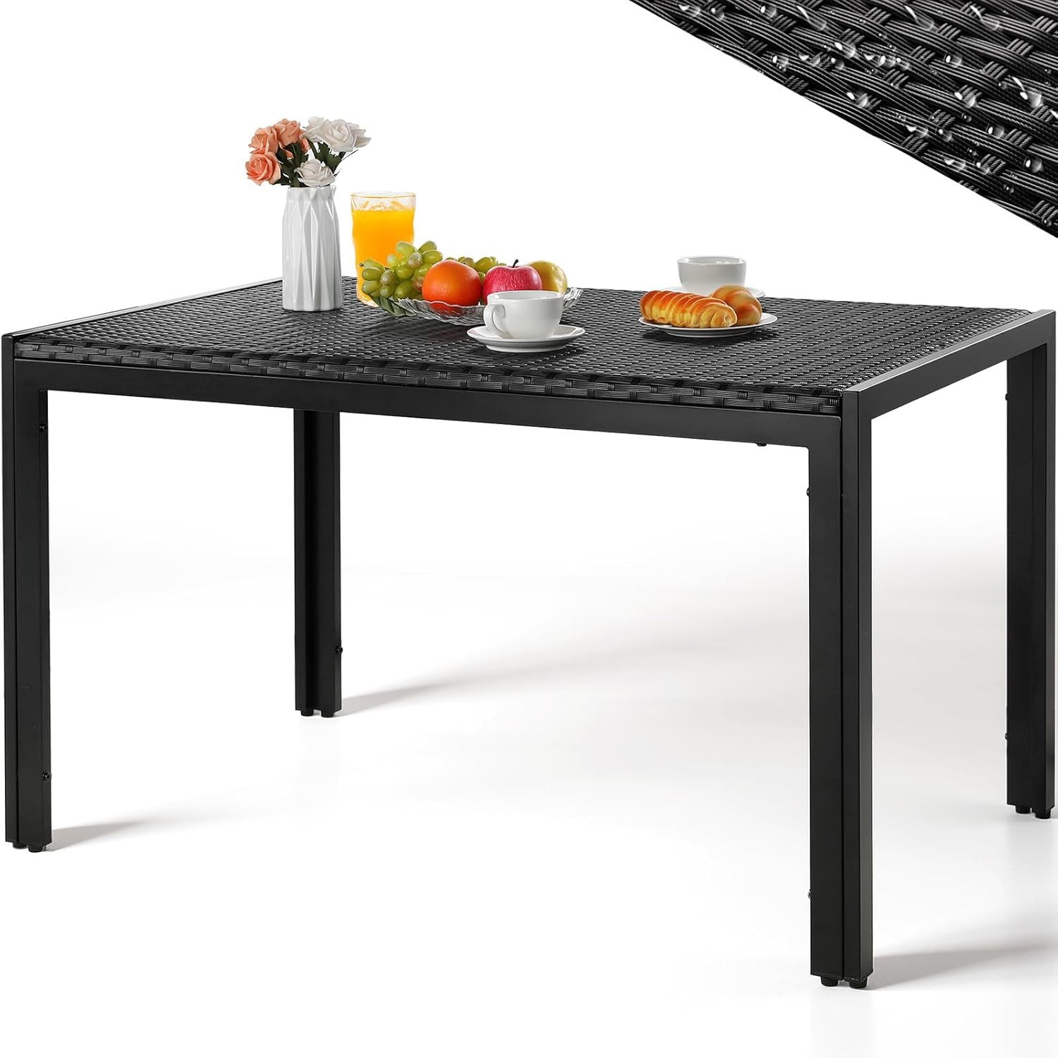 TLGREEN Gartentisch PE-Rattan 119x74cm, Wetterfester Polyrattan Esstisch für 6 Personen (Balkontisch mit Höhenverstellbaren Füßen & Stabilen Metallrahmen), UV-beständiger Terrassentisch für Garten Balkon Outdoor Gastro