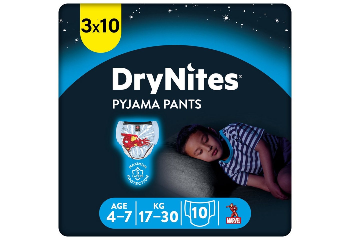 HUGGIES Windeln DryNites Nacht-Windeln Jungen 4-7 Jahre (17-30kg), 30 Stk