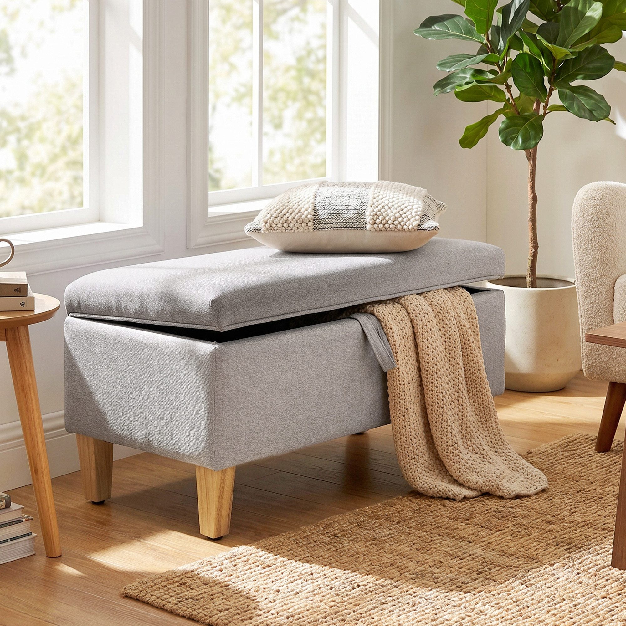 HOMCOM Sitzbank Polsterbank 71x37x36 cm mit aufklappbaren Deckel (Gepolsterte Bank, 1-St., inkl. Sitzkissen), für Wohnzimmer, Schlafzimmer, Flur, Hellgrau